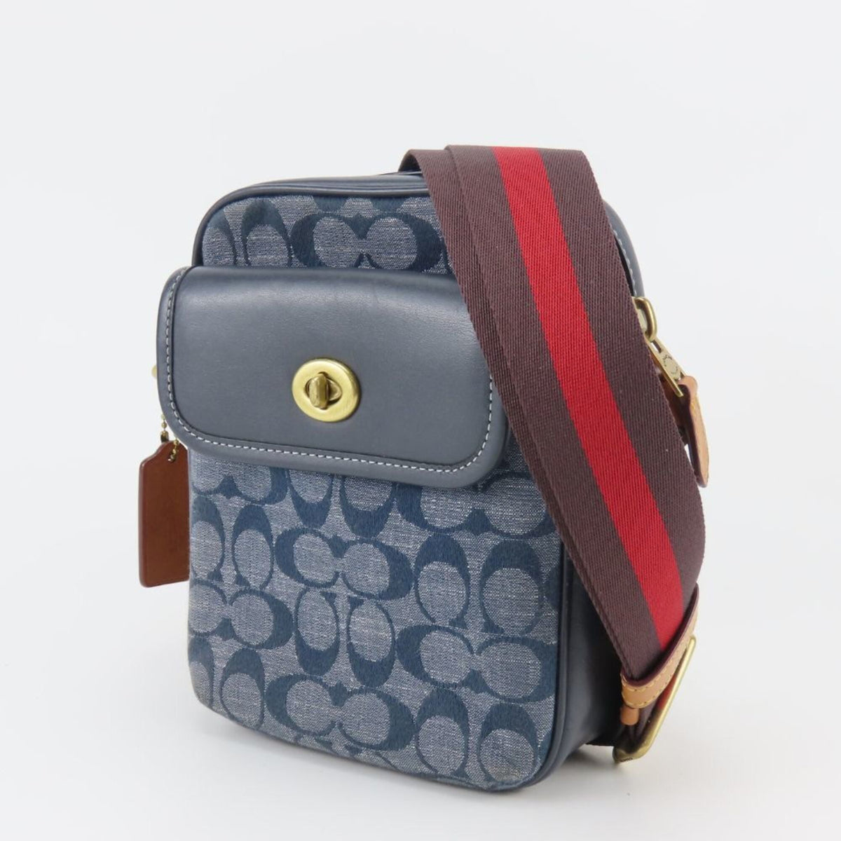 Coach Brown Navy Red Color Canvas Leather Pochette Shoulder Bag (Pre-Owned)