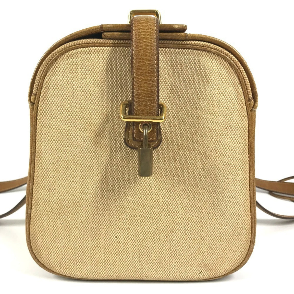 Hermes Beige Brown Leather Canvas Boston Bag Shoulder Bag Vanity Bag (Pre-Owned)
