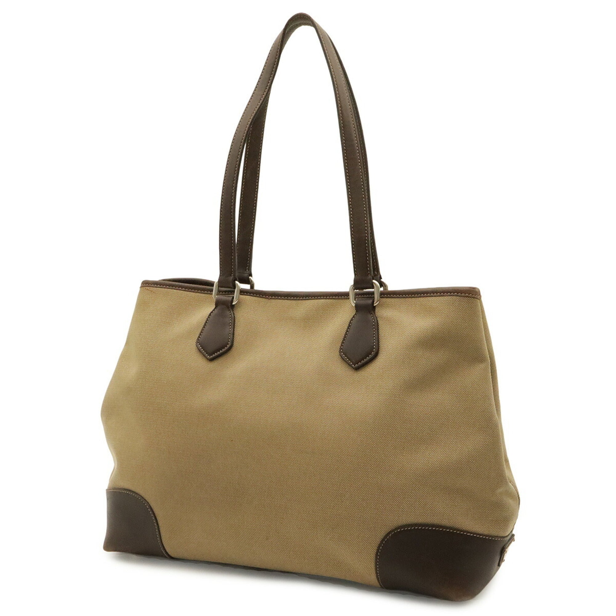 Prada Beige Dark Brown Khaki Canvas Leather Shoulder Bag Tote Bag (Pre-Owned)