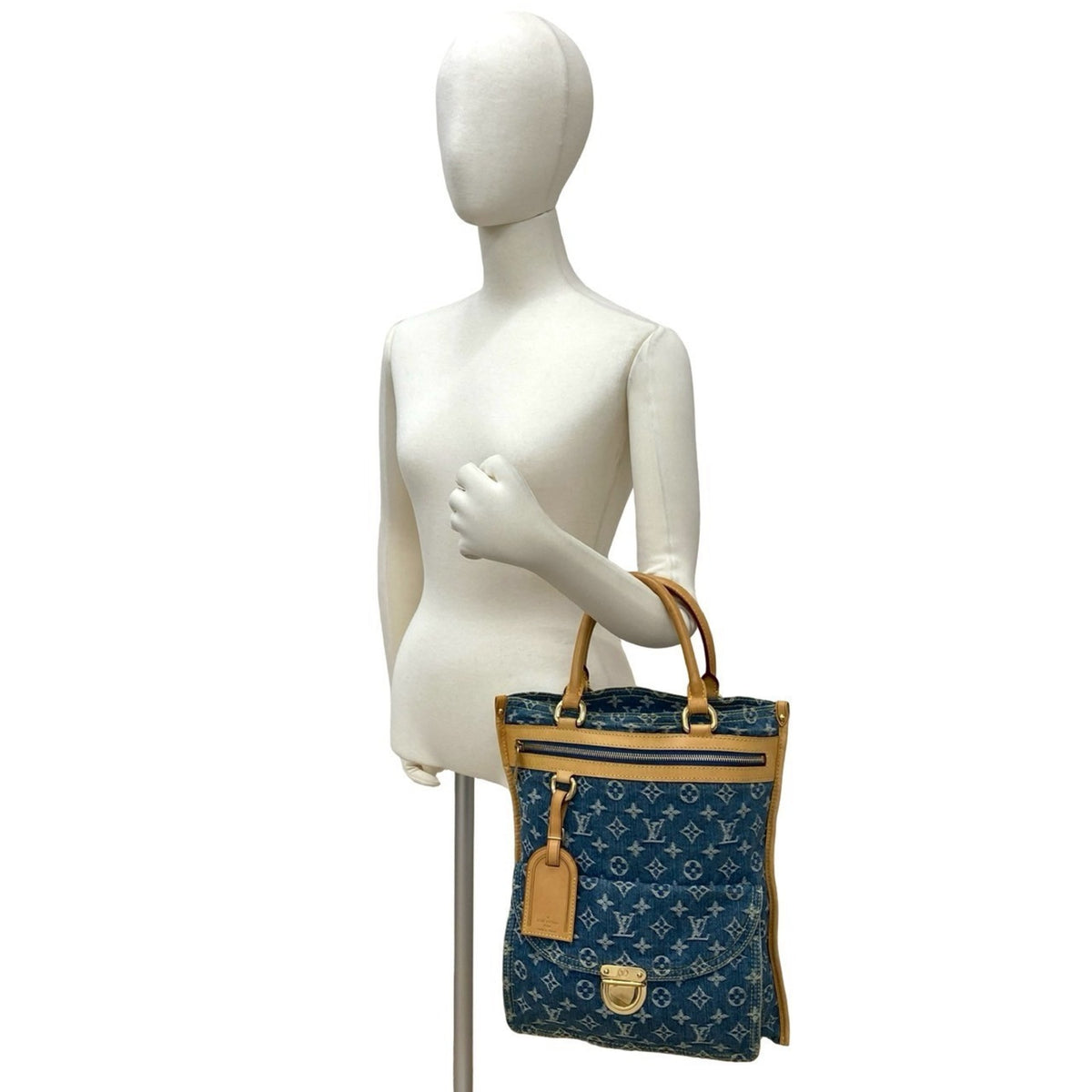 Louis Vuitton Beige Blue Denim Leather Handbag Tote Bag (Pre-Owned)