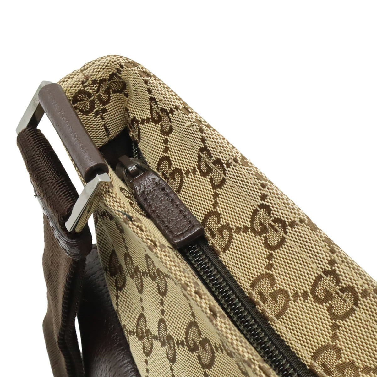Gucci Beige Dark Brown Khaki Canvas Leather Shoulder Bag (Pre-Owned)