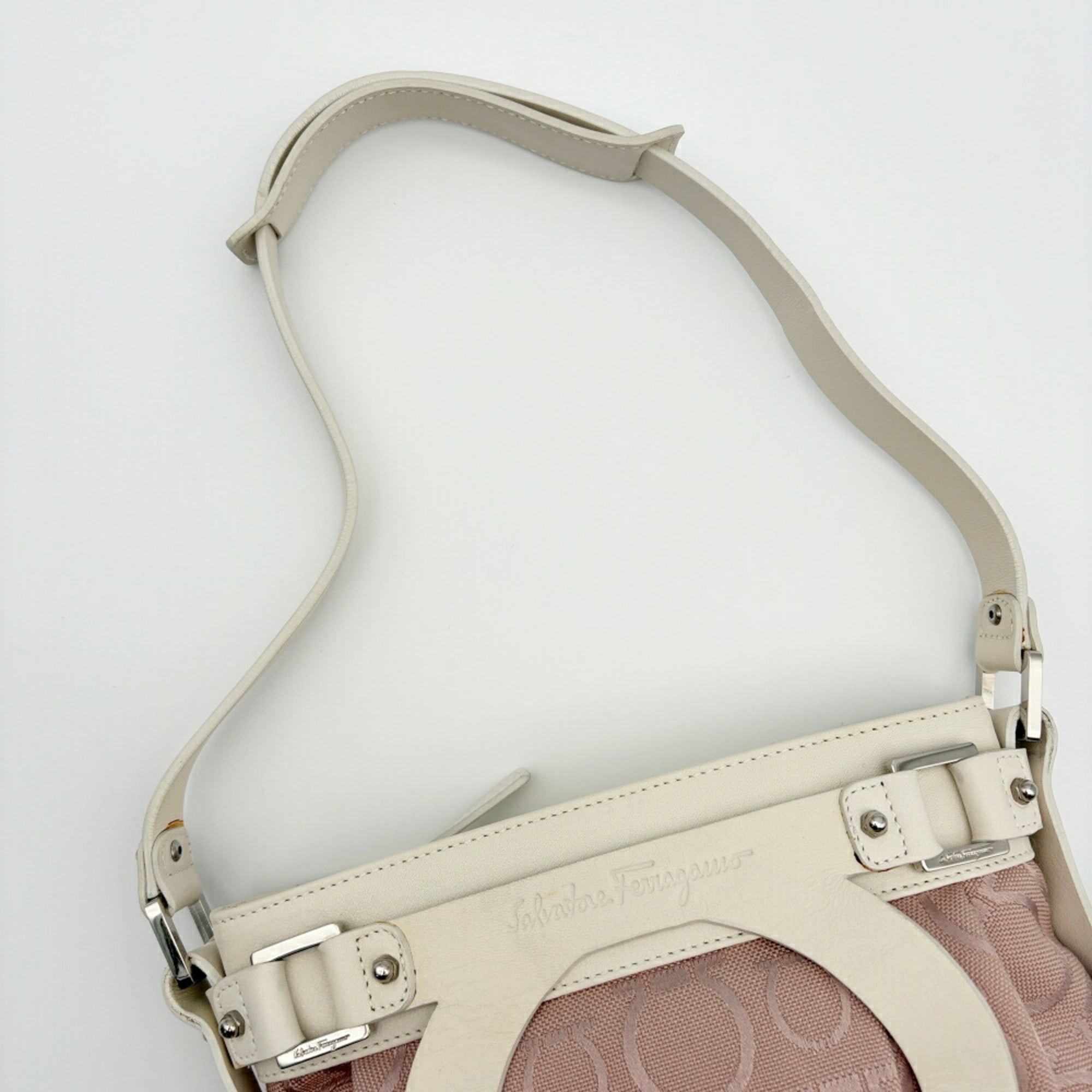 Salvatore Ferragamo Pink White Canvas Leather Shoulder Bag (Pre-Owned)