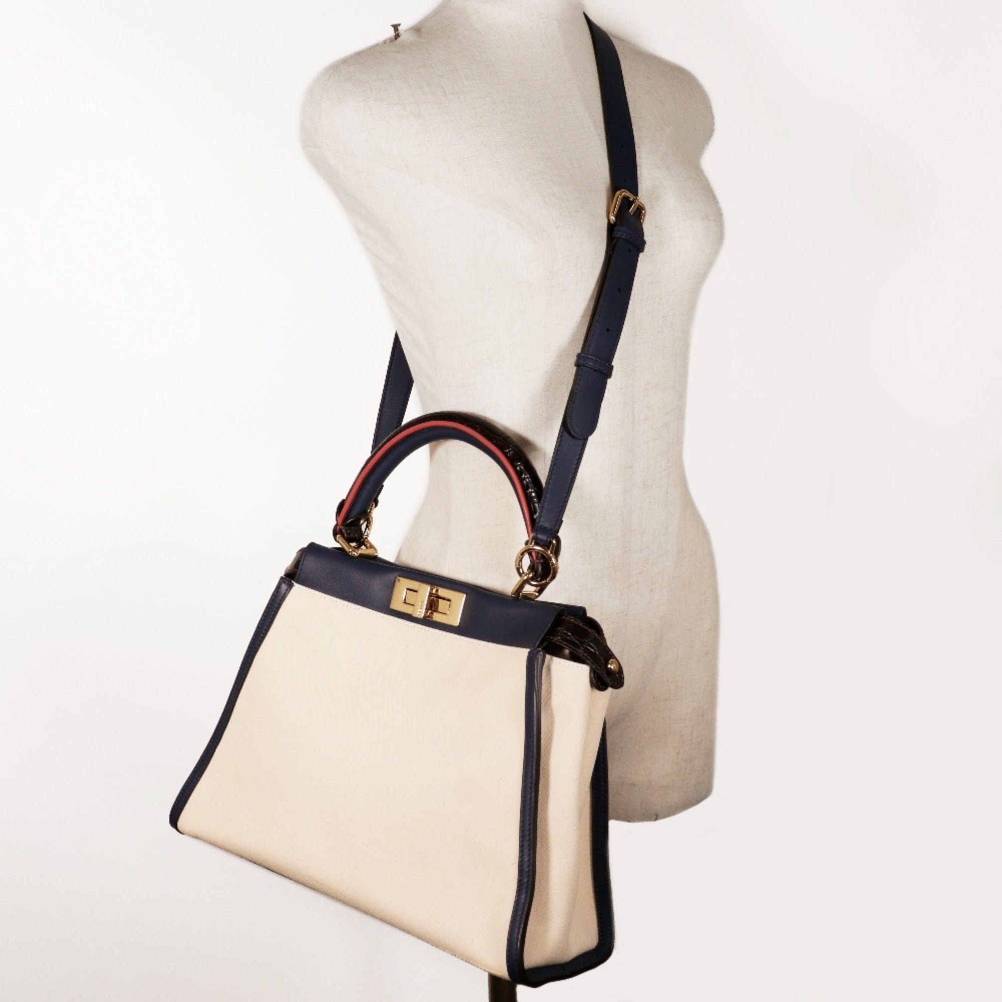 Fendi Navy White Canvas Leather Handbag (Pre-Owned)