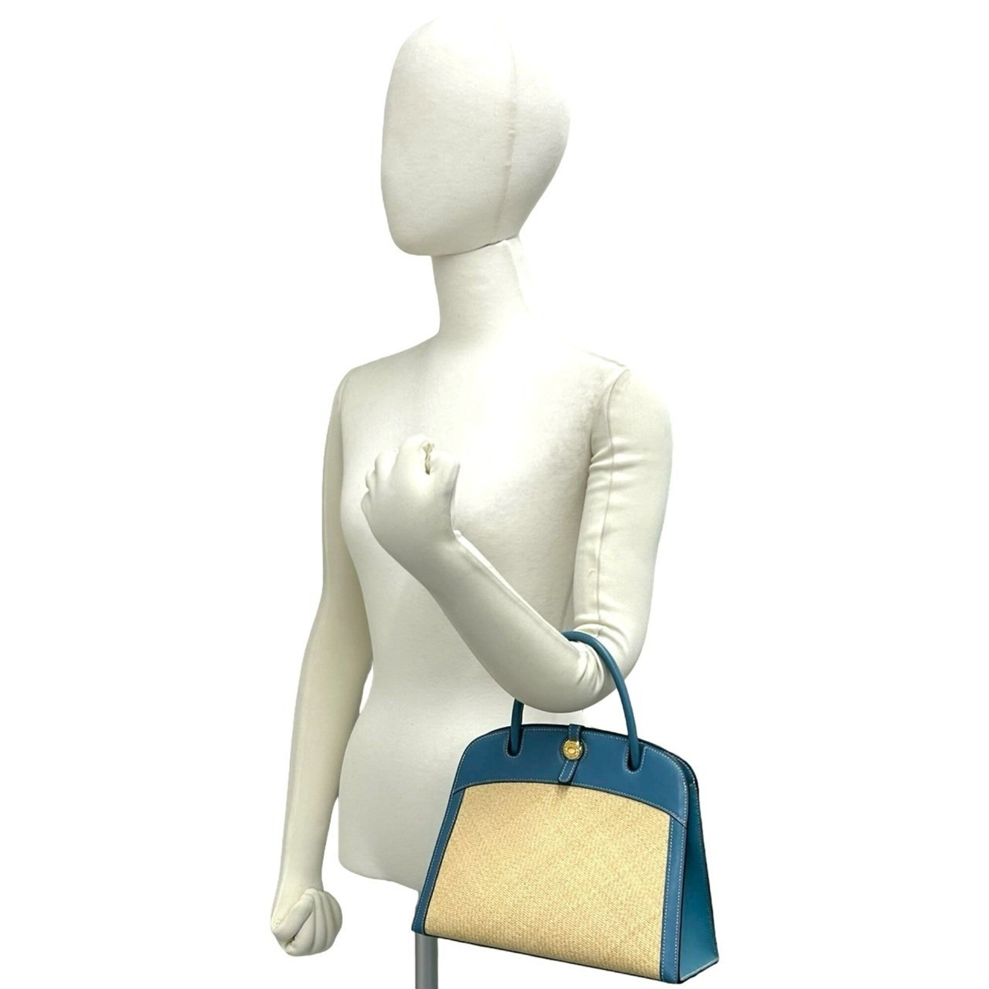 Hermes Beige Blue Leather Handbag Tote Bag (Pre-Owned)