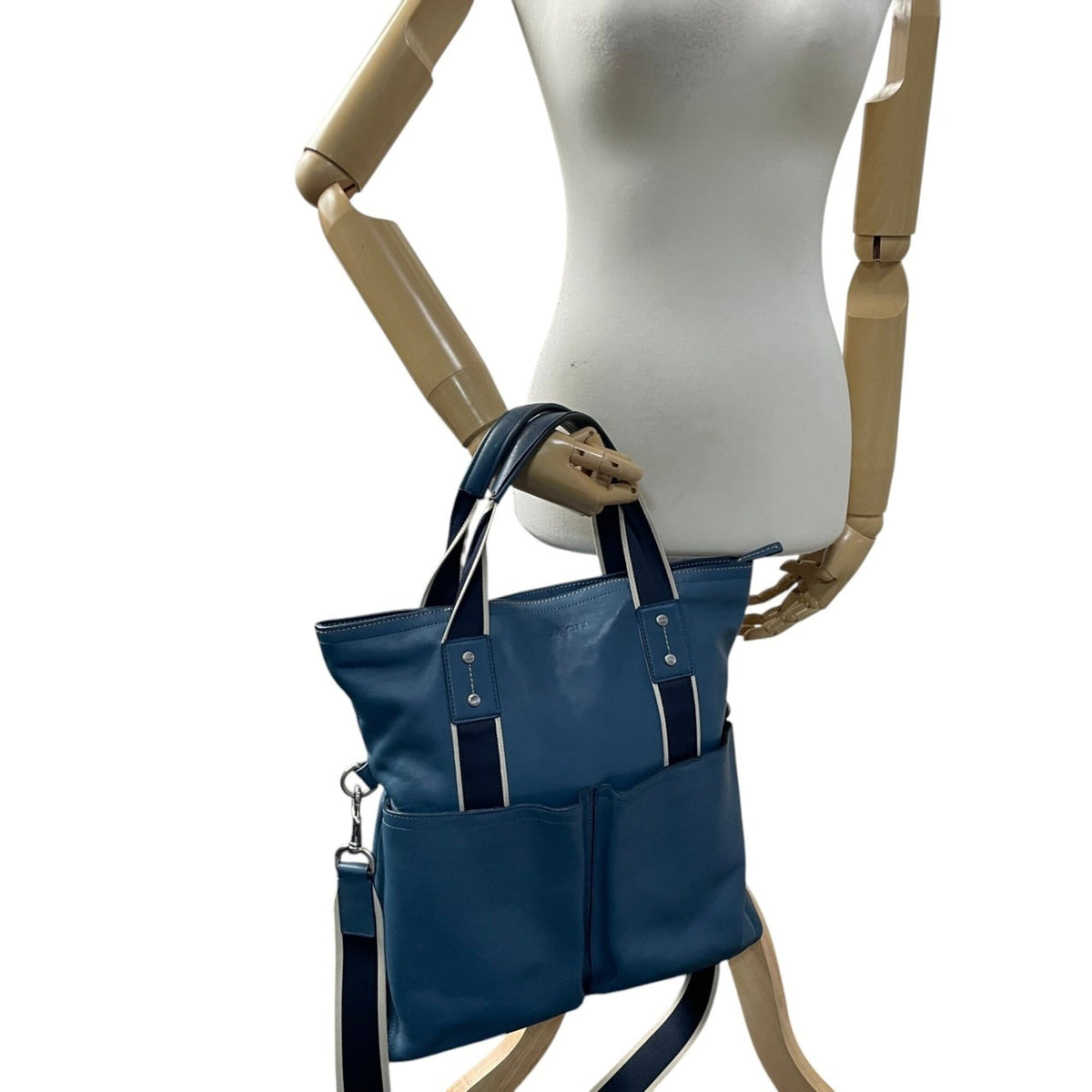 Coach Blue Navy Leather Canvas Shoulder Bag Tote Bag (Pre-Owned)