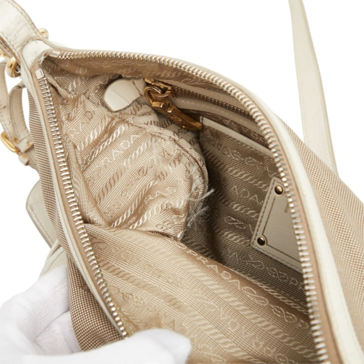 Prada Beige White Canvas Leather Shoulder Bag (Pre-Owned)