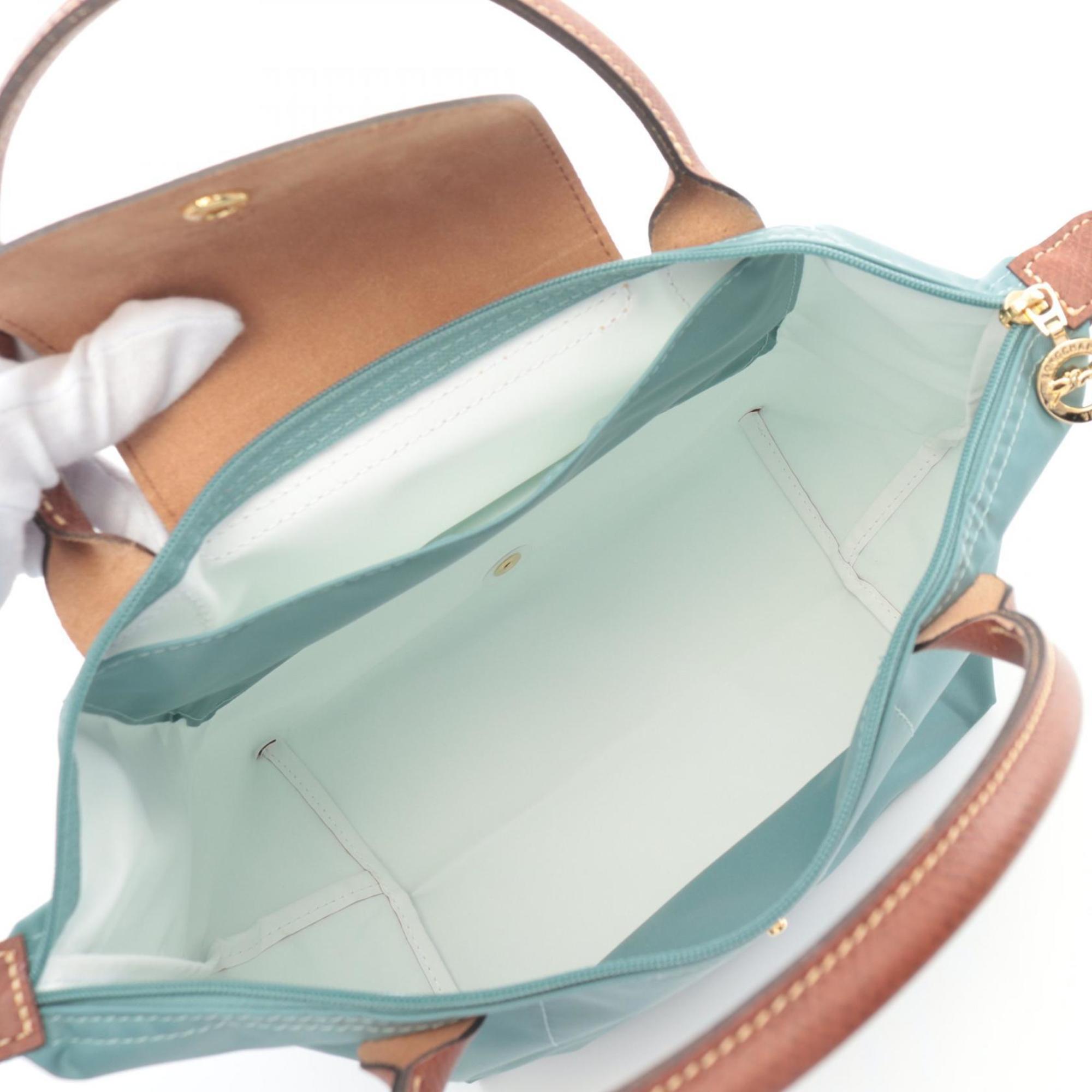 Longchamp Brown Green Canvas Leather Handbag (Pre-Owned)