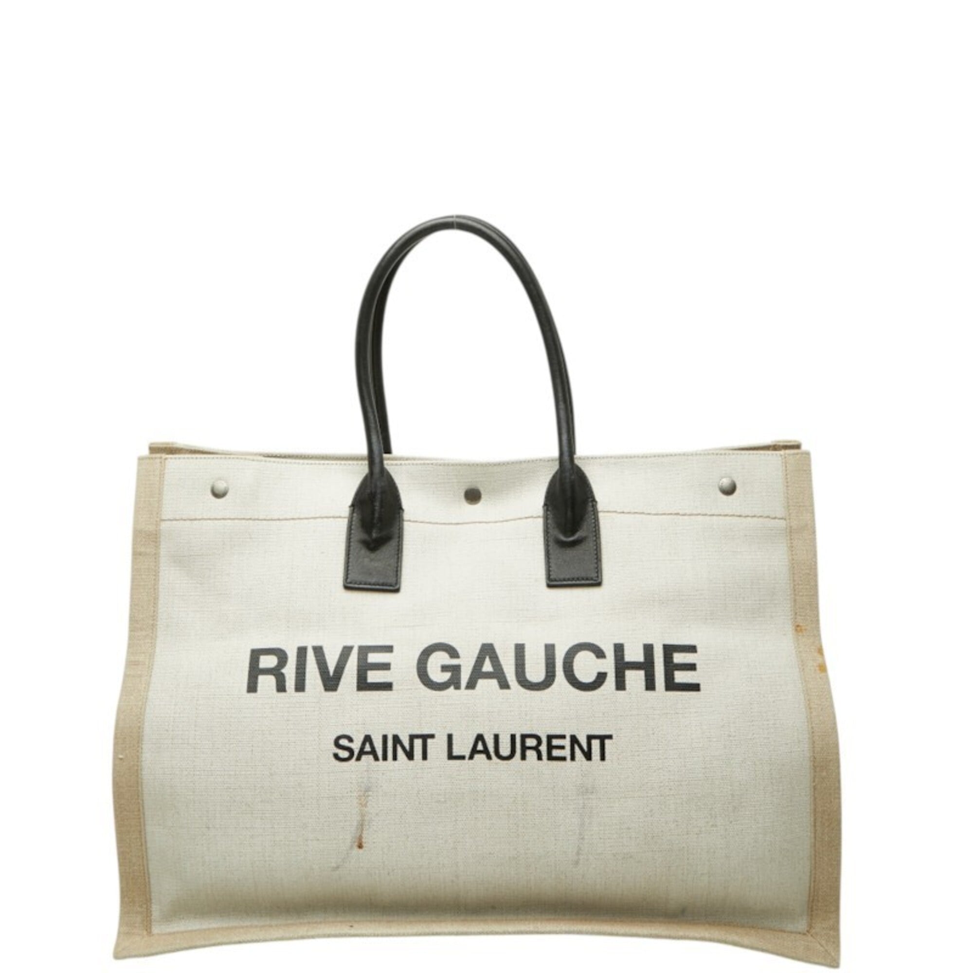 Saint Laurent Beige White Canvas Hemp Linen Leather Handbag Tote Bag (Pre-Owned)