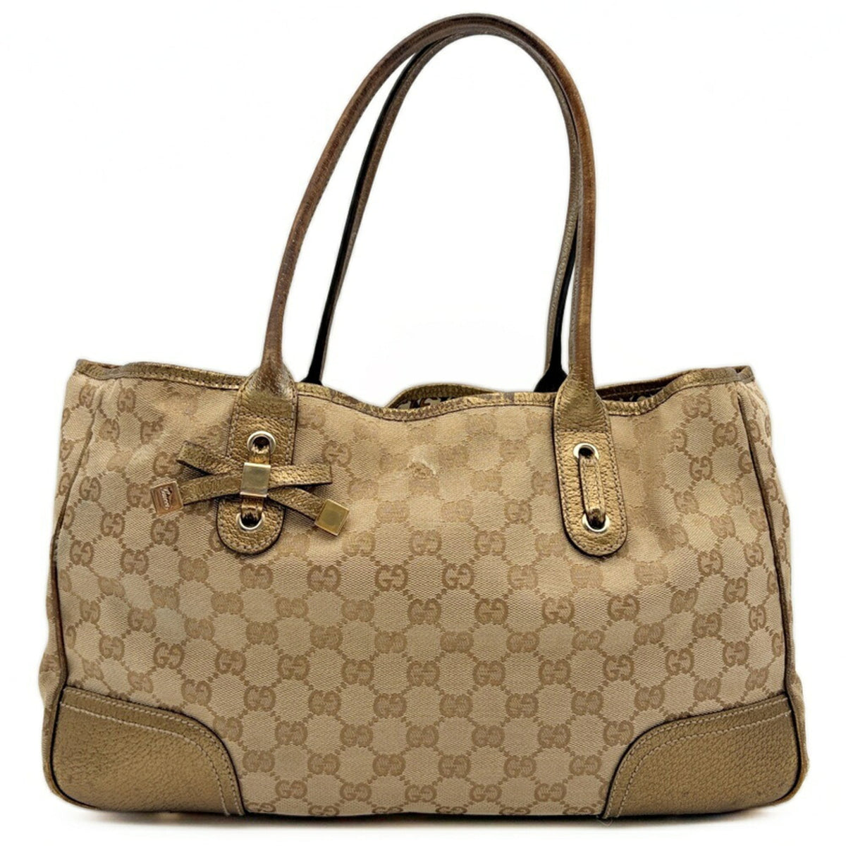 Gucci Beige Gold Gg Canvas Leather Shoulder Bag Tote Bag (Pre-Owned)