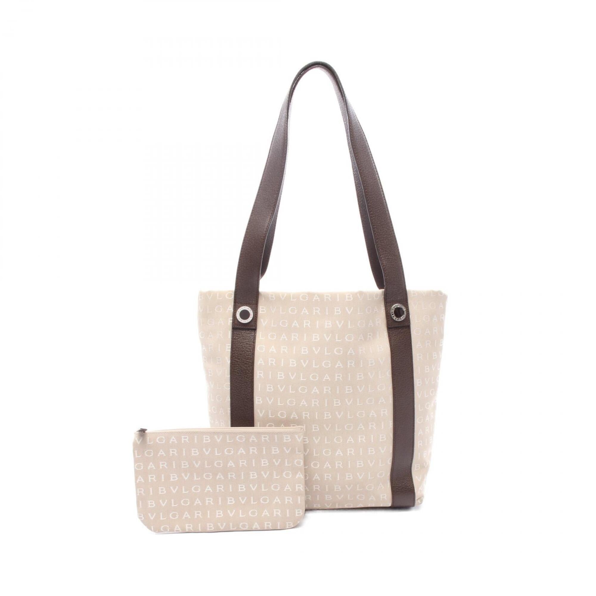 Bvlgari Beige Brown Canvas Leather Handbag Pouch Tote Bag (Pre-Owned)