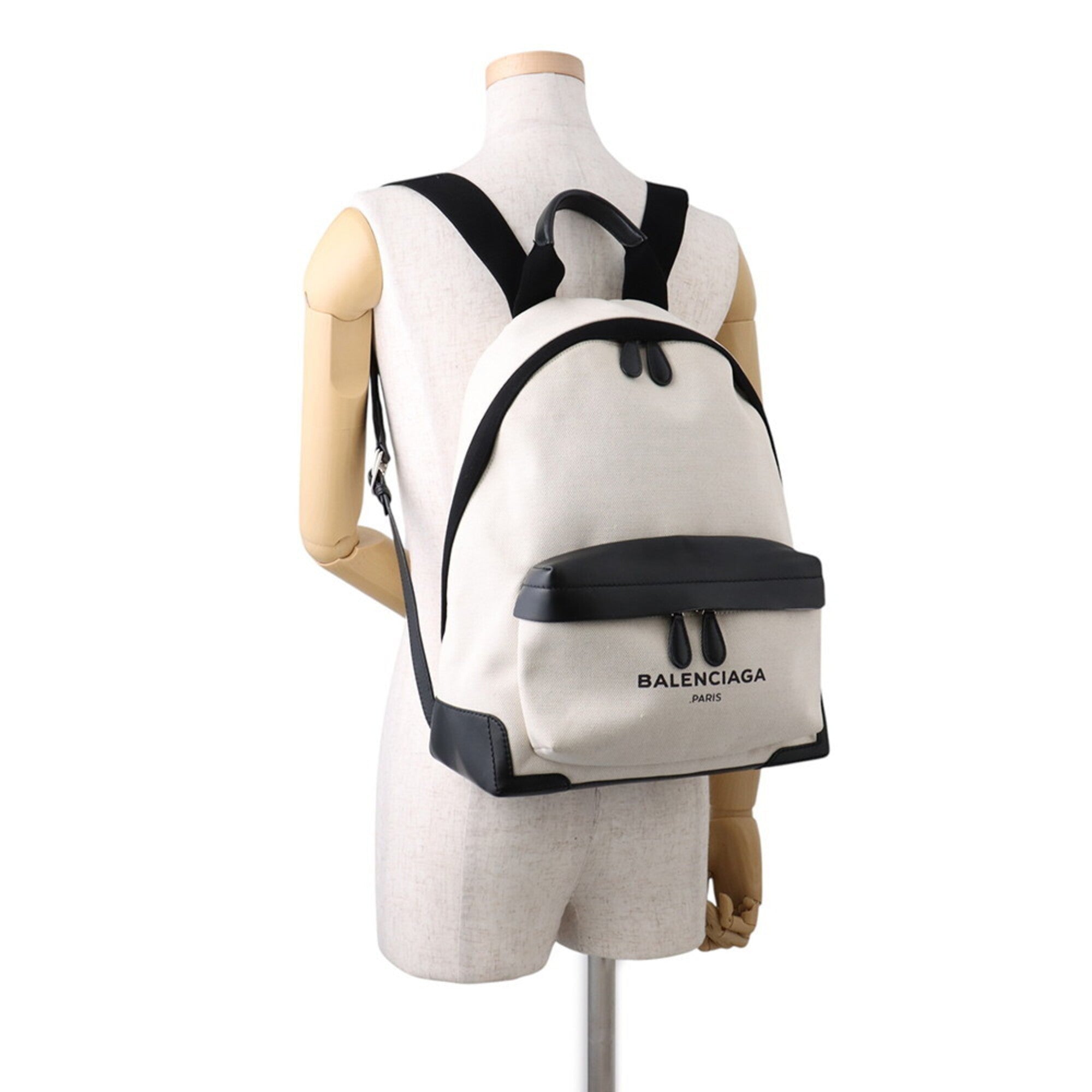 Balenciaga Beige Black Canvas Leather Backpack Handbag (Pre-Owned)