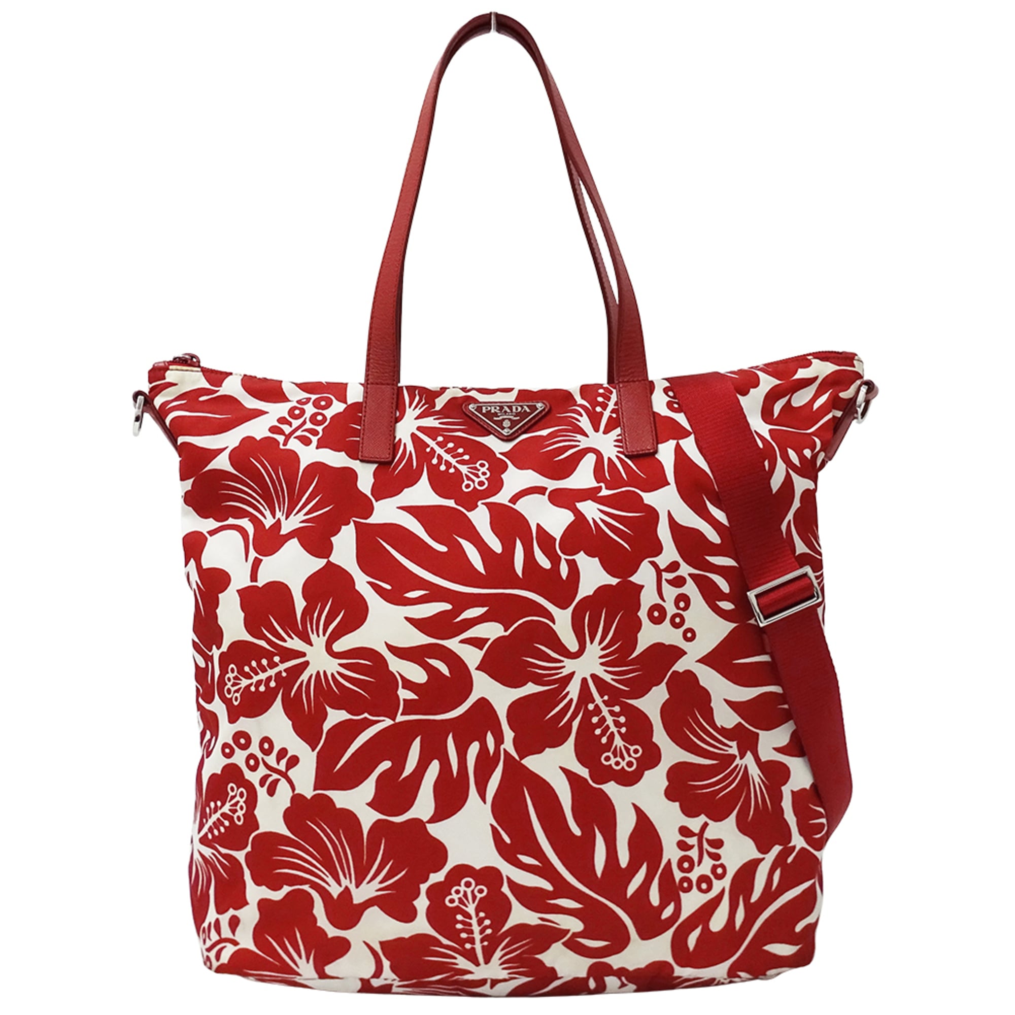 Prada Red Color White Nylon Handbag Shoulder Bag Tote Bag (Pre-Owned)