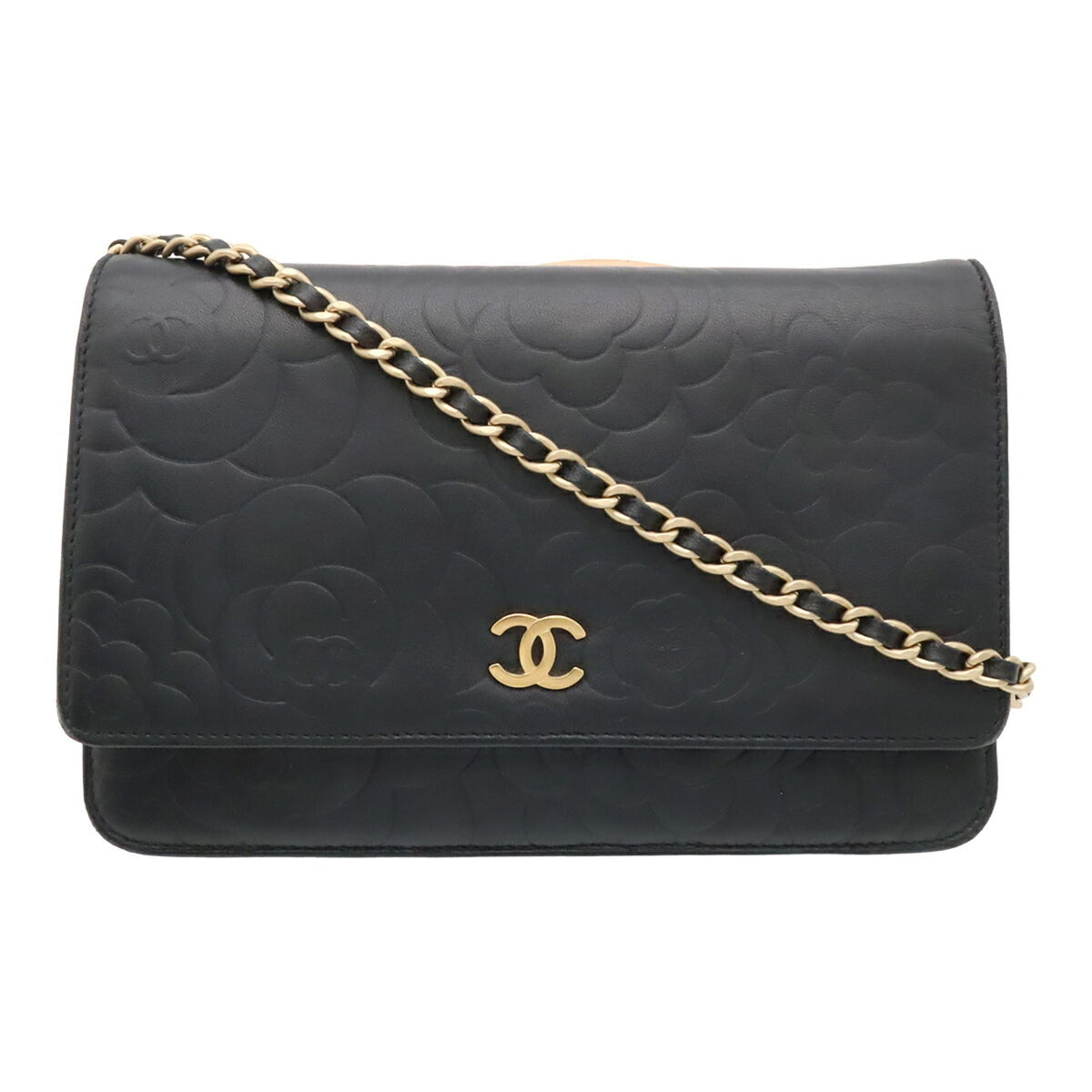 Chanel Camellia Black Leather Pochette Shoulder Bag (Pre-Owned)