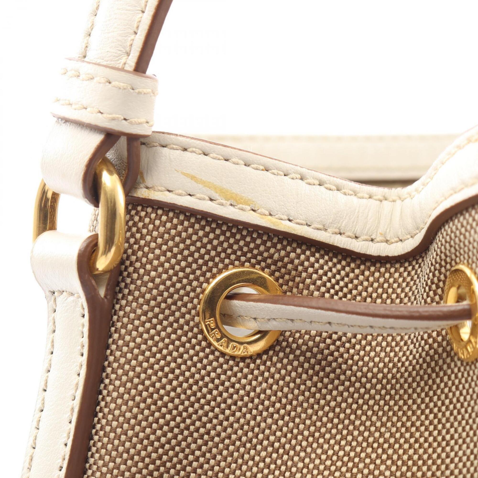 Prada Beige Brown White Canvas Leather Handbag (Pre-Owned)