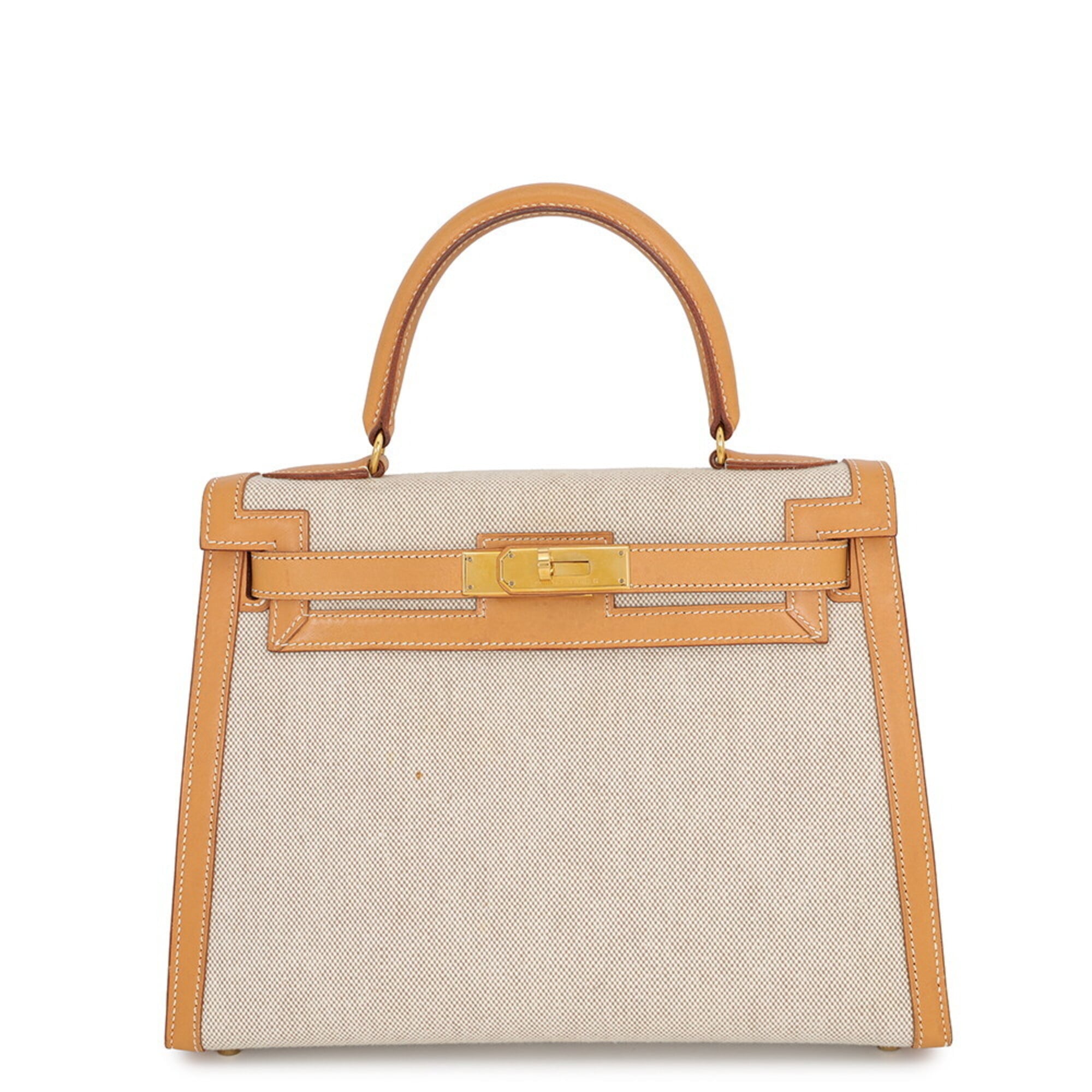 Hermes Kelly Natural Toile H Box Calf Leather Handbag (Pre-Owned)
