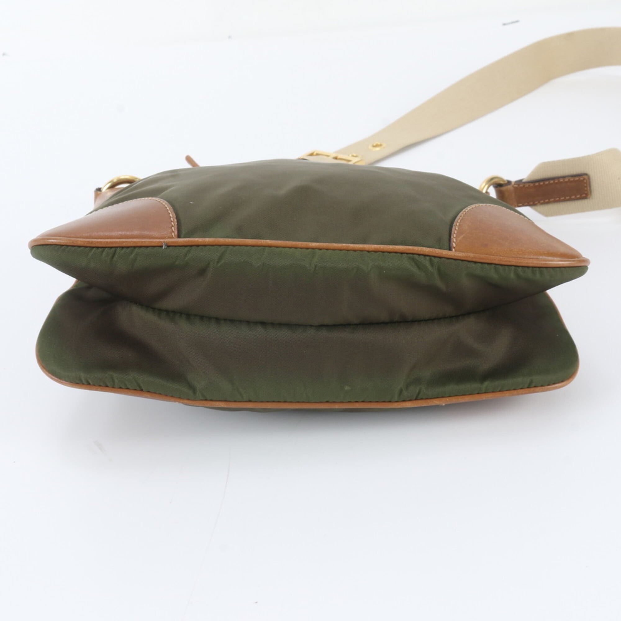Prada Khaki Leather Nylon Messenger Bag Shoulder Bag (Pre-Owned)