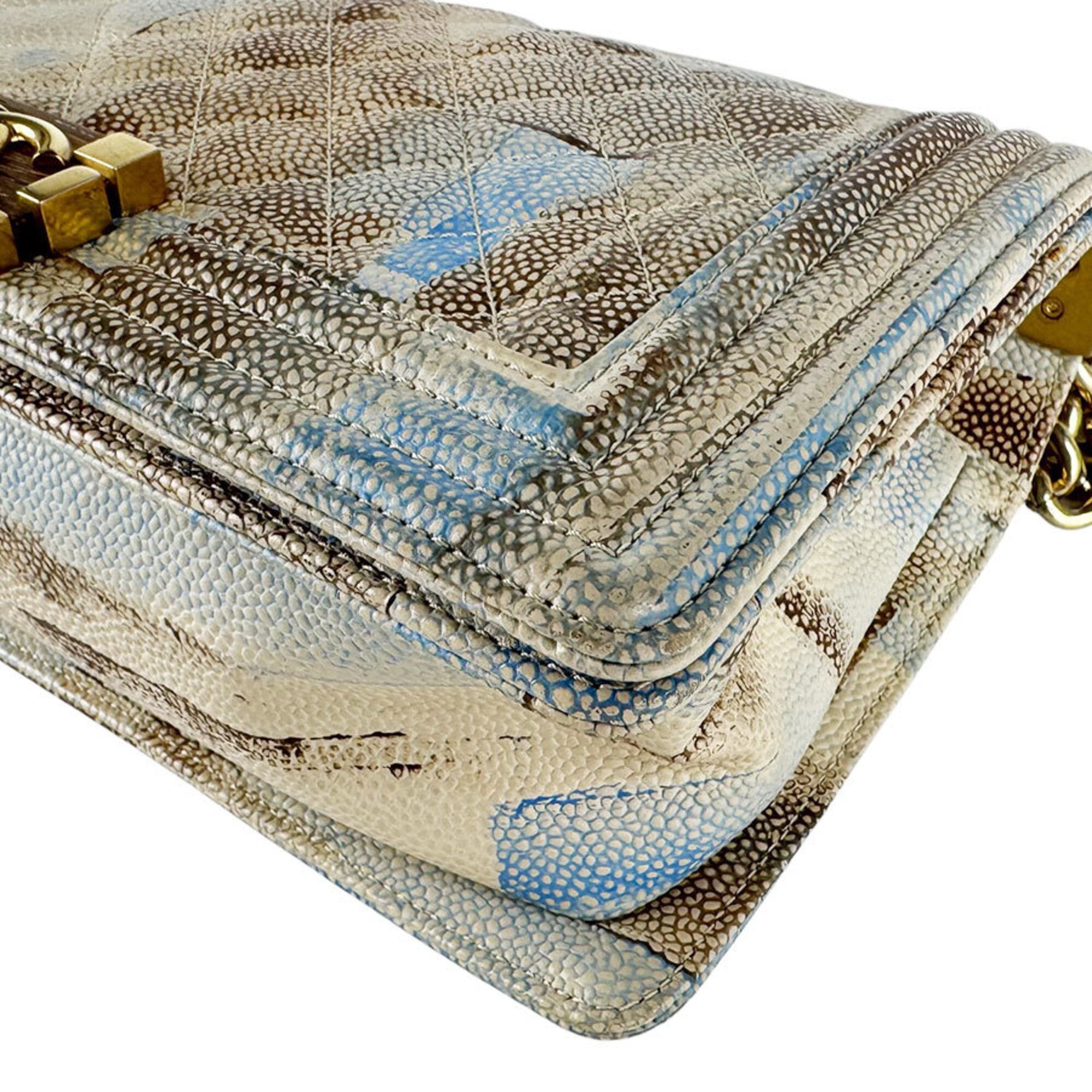 Chanel Beige Blue Brown Grained Calfskin Shoulder Bag (Pre-Owned)