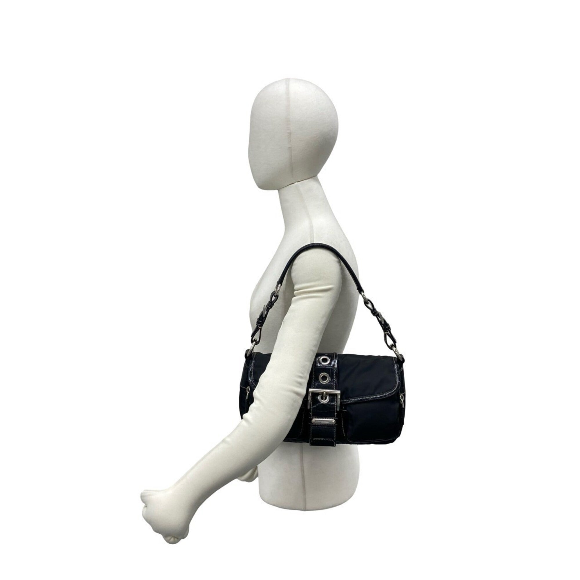 Prada Black Leather Nylon Handbag Shoulder Bag (Pre-Owned)