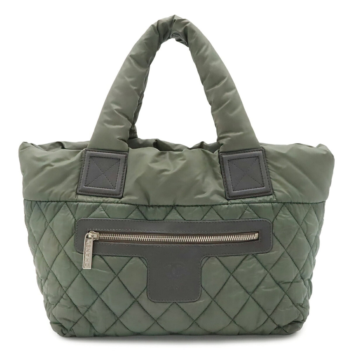 Chanel Green Khaki Nylon Leather Handbag Tote Bag (Pre-Owned)