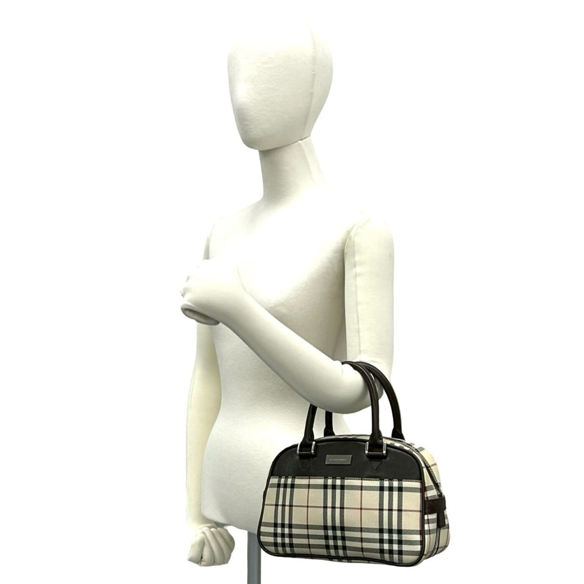 Burberry Beige Brown Leather Canvas Boston Bag Handbag (Pre-Owned)