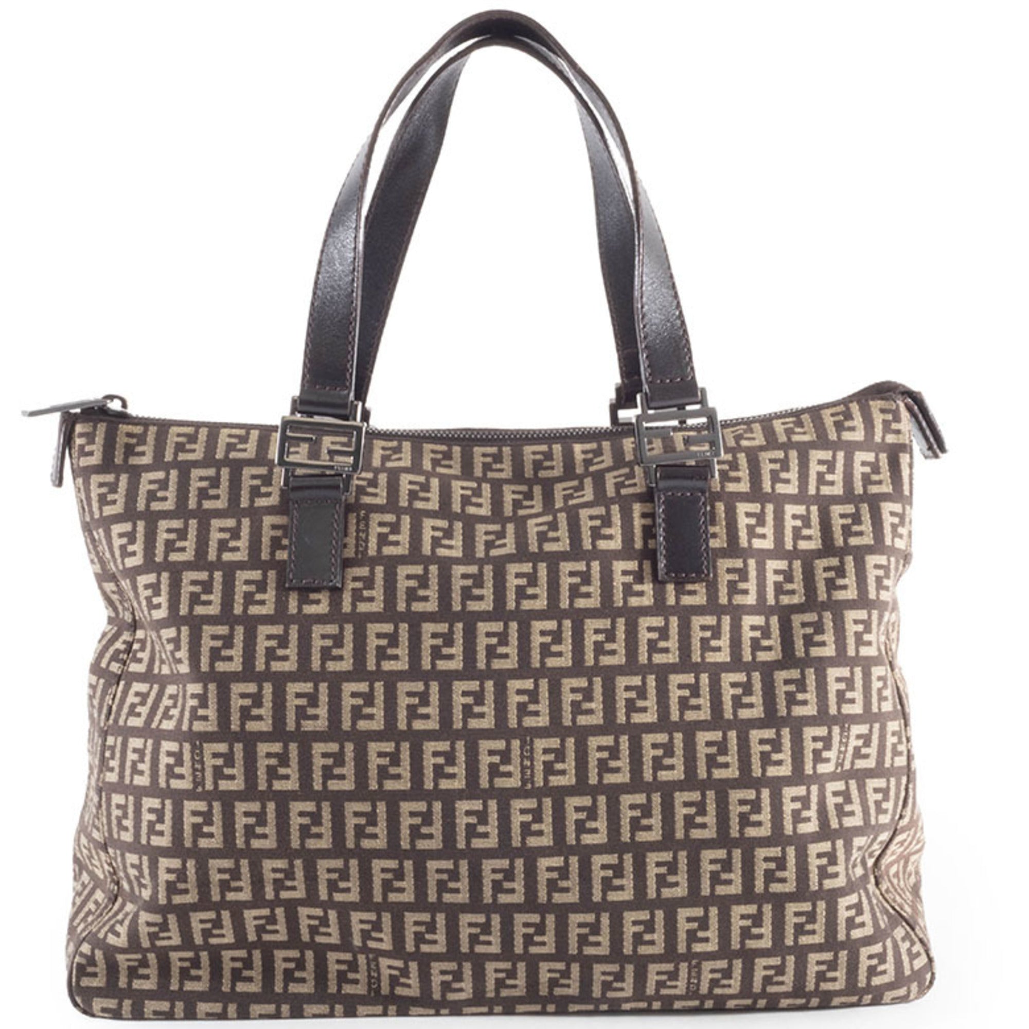 Fendi Zucchino Beige Brown Zucchino Canvas Leather Tote Bag (Pre-Owned)