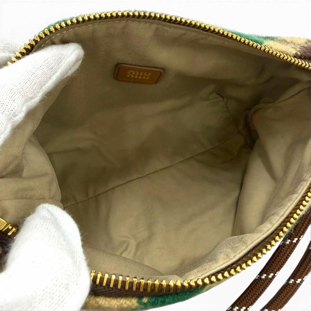 Miu Miu Brown Green Wool Cotton Leather Handbag Pouch (Pre-Owned)