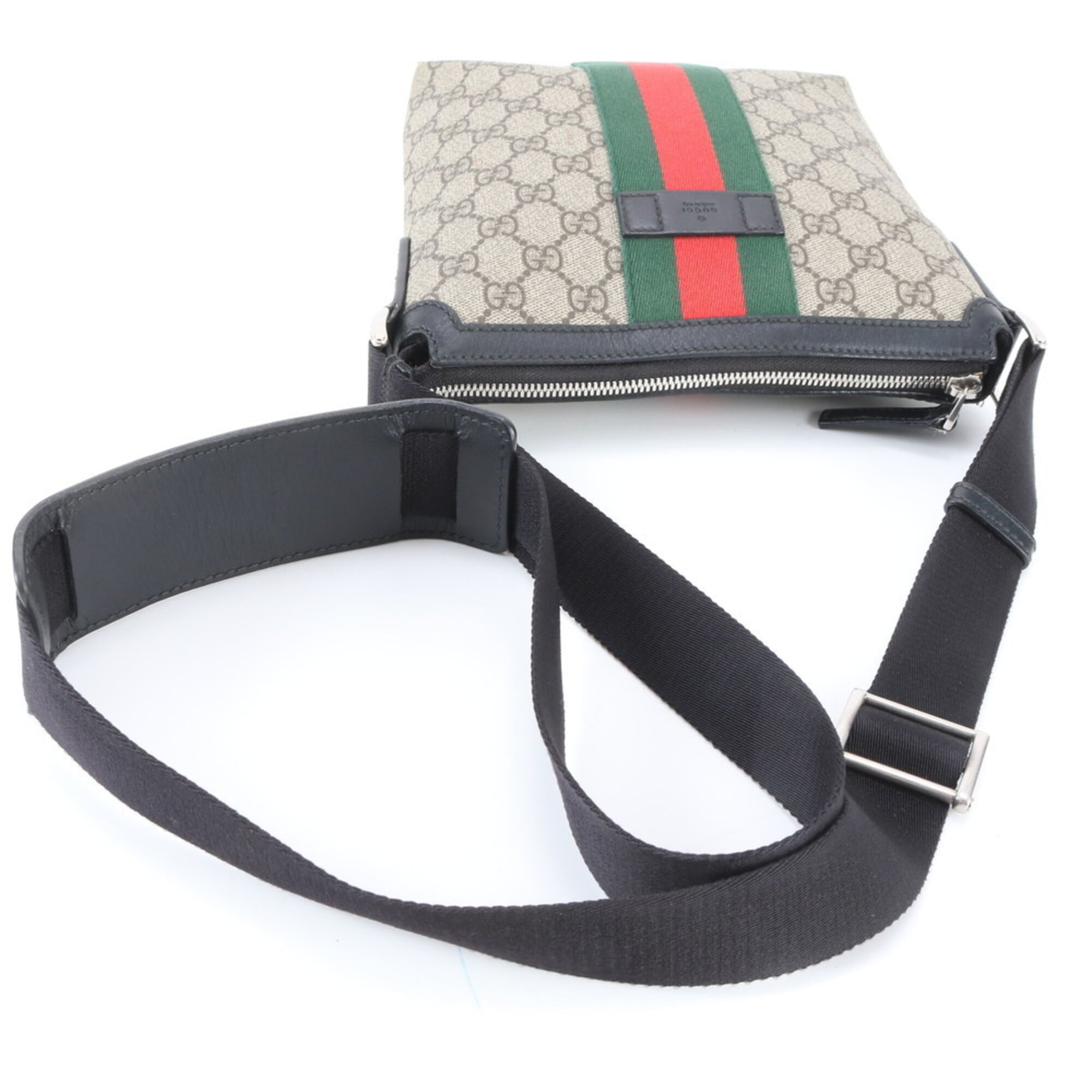 Gucci Beige Black Leather Coated Canvas Messenger Bag Shoulder Bag (Pre-Owned)