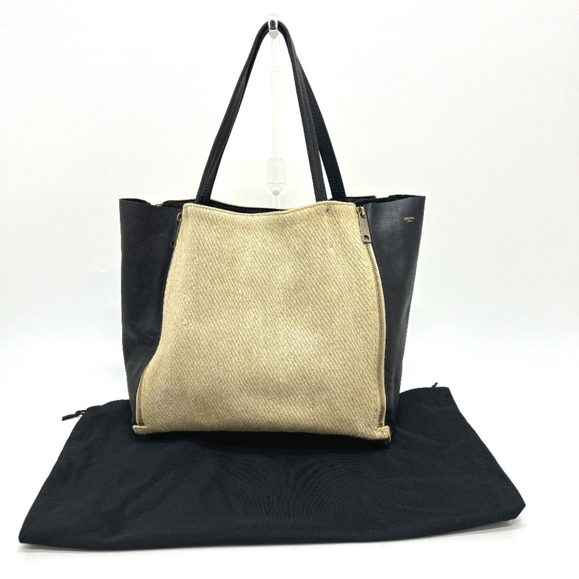 Celine Beige Black Hemp Leather Handbag Tote Bag (Pre-Owned)