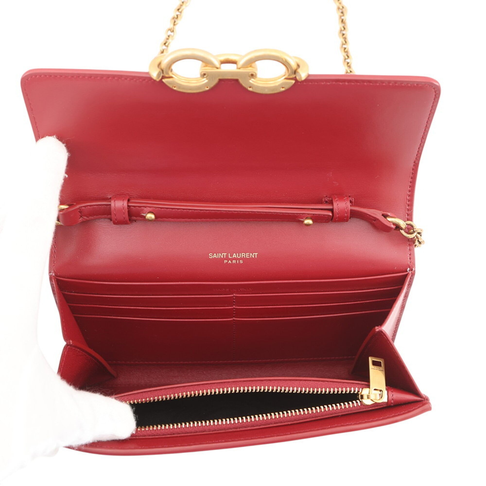 Yves Saint Laurent Red Color Leather Chain/Shoulder Wallet (Pre-Owned)