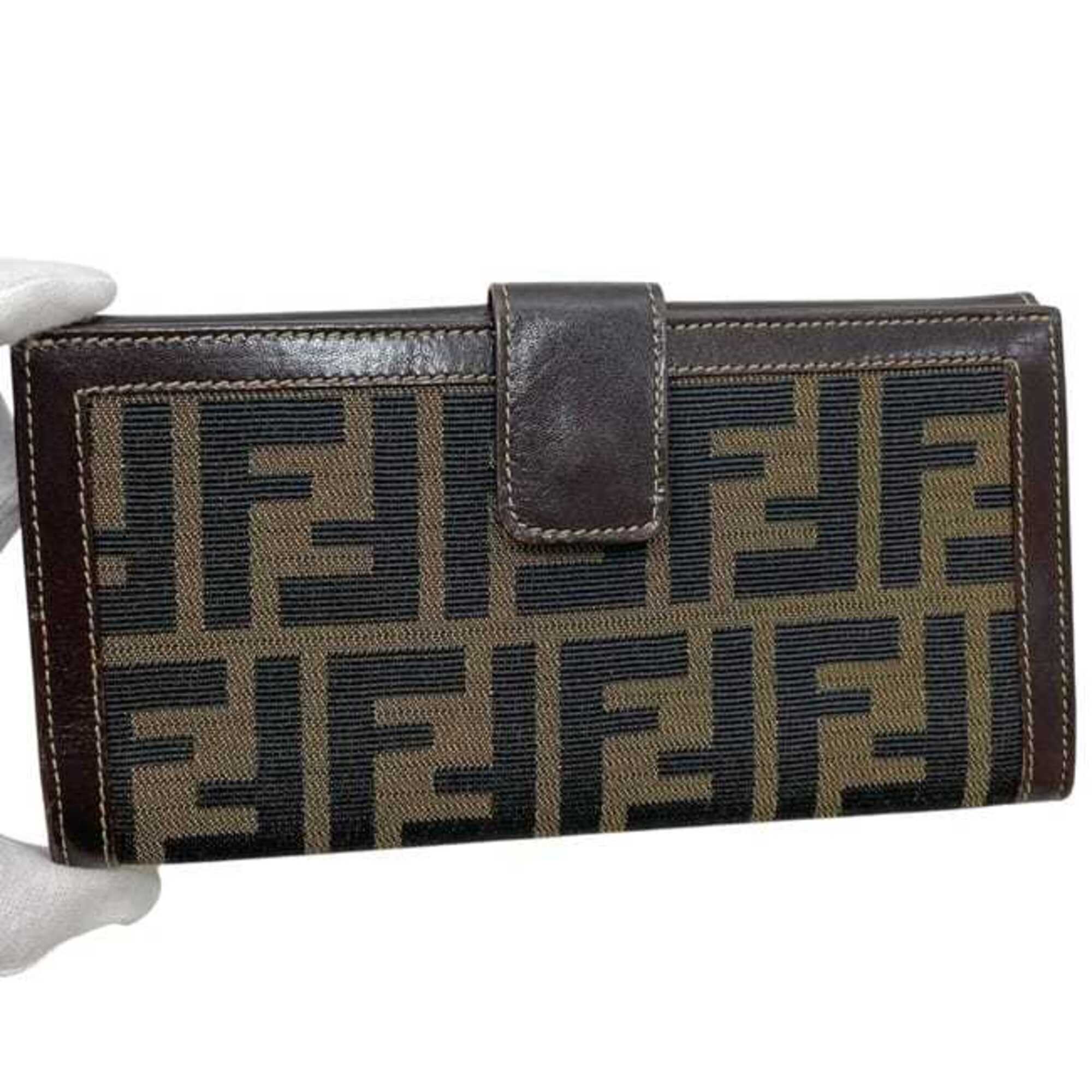 Fendi Brown Khaki Canvas Leather Long Wallet (Bi-Fold) (Pre-Owned)