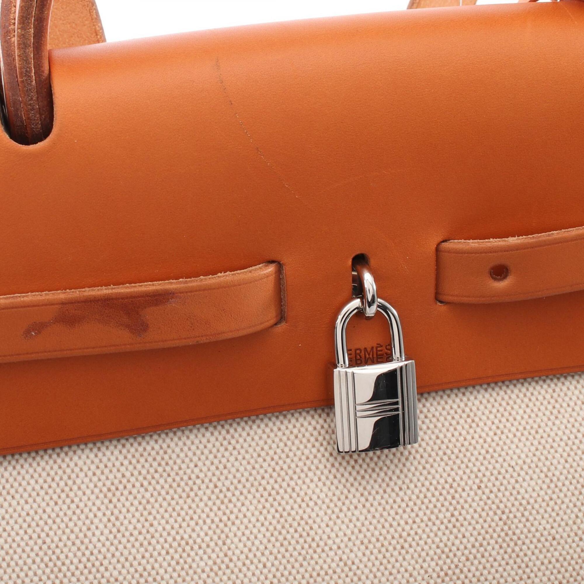 Hermes Beige Brown Canvas Toile H Vache Leather Handbag (Pre-Owned)