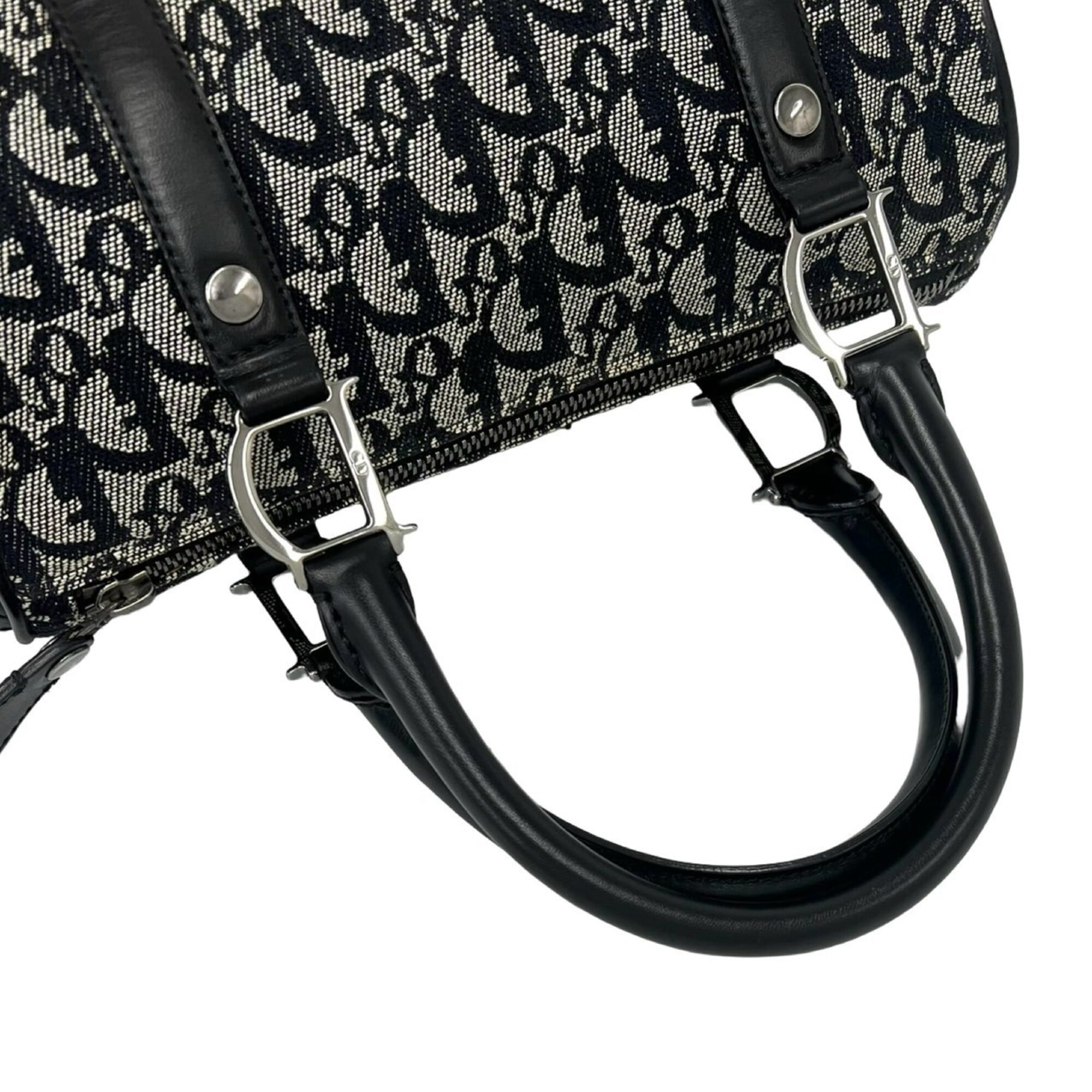 Christian Dior Black Navy Canvas Leather Boston Bag Handbag (Pre-Owned)