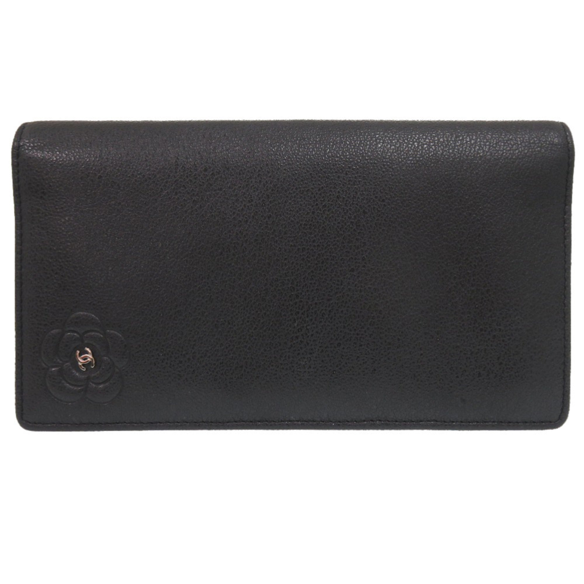 Chanel Camellia Black Leather Long Wallet (Bi-Fold) (Pre-Owned)
