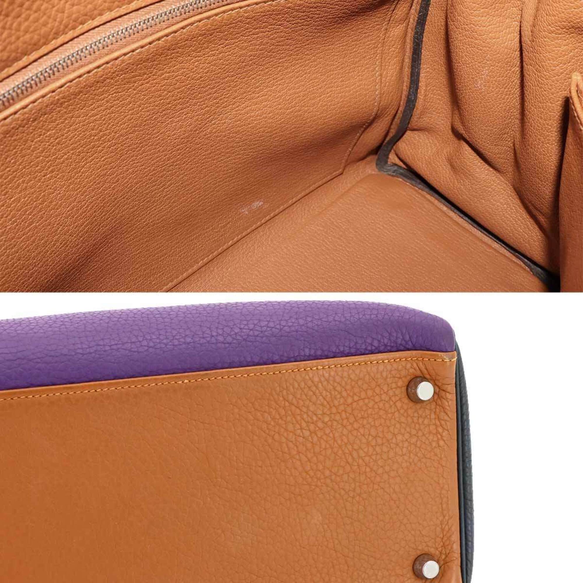 Hermes Blue Lin Blue Obscurs Brown Etain Etoupe Gray Taurillon Clemence Leather Handbag (Pre-Owned)