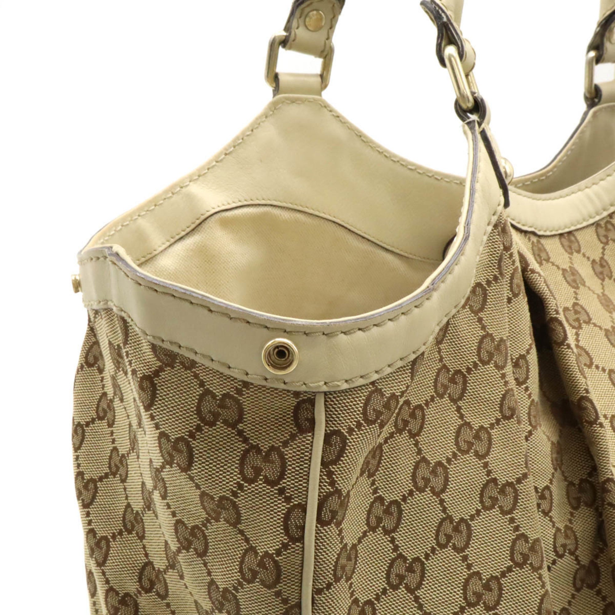 Gucci Beige Ivory Khaki Gg Canvas Leather Shoulder Bag Tote Bag (Pre-Owned)