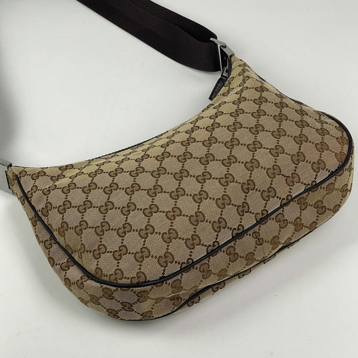 Gucci Beige Brown Gg Canvas Leather Shoulder Bag (Pre-Owned)