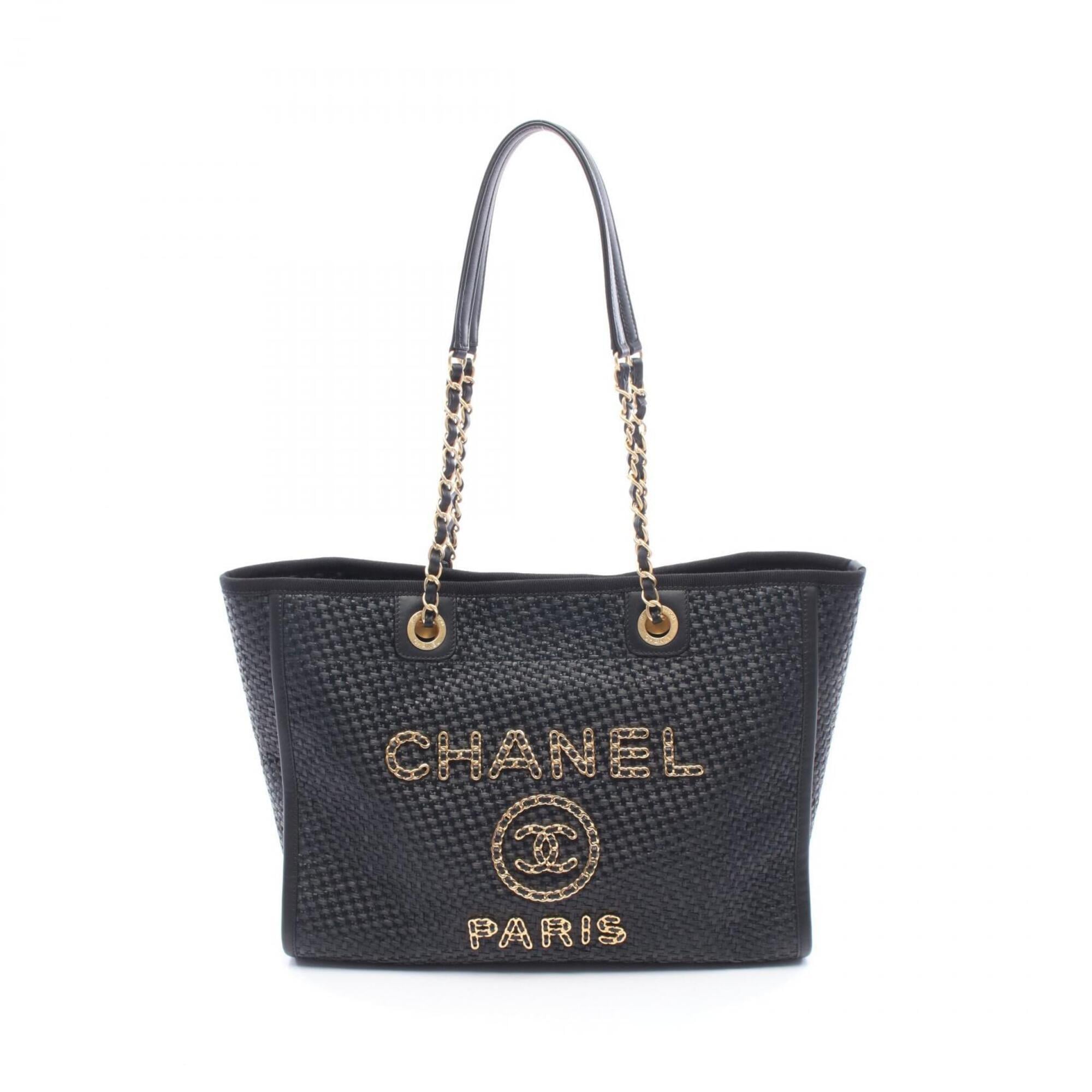 Chanel Black Leather Straw Handbag Tote Bag (Pre-Owned)
