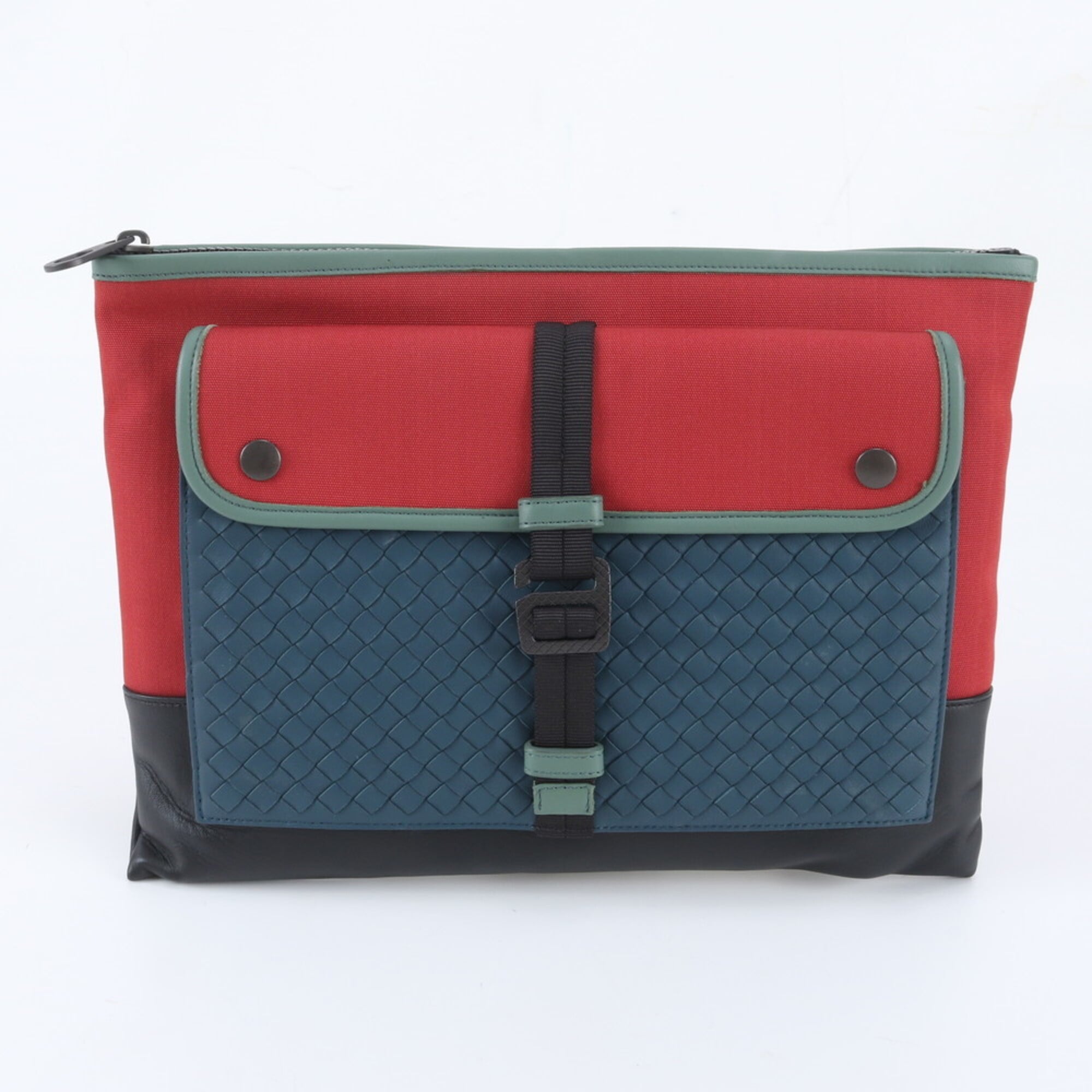 Bottega Veneta Red Color Leather Canvas Clutch Bag Pouch (Pre-Owned)