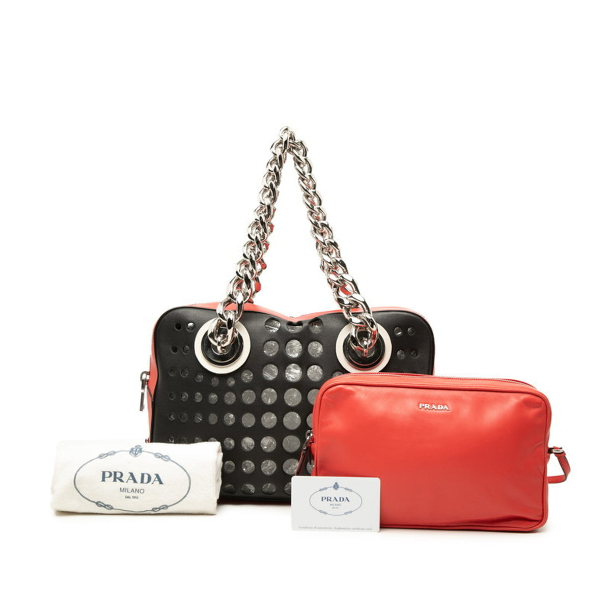 Prada Black Red Color Leather Pouch Tote Bag (Pre-Owned)