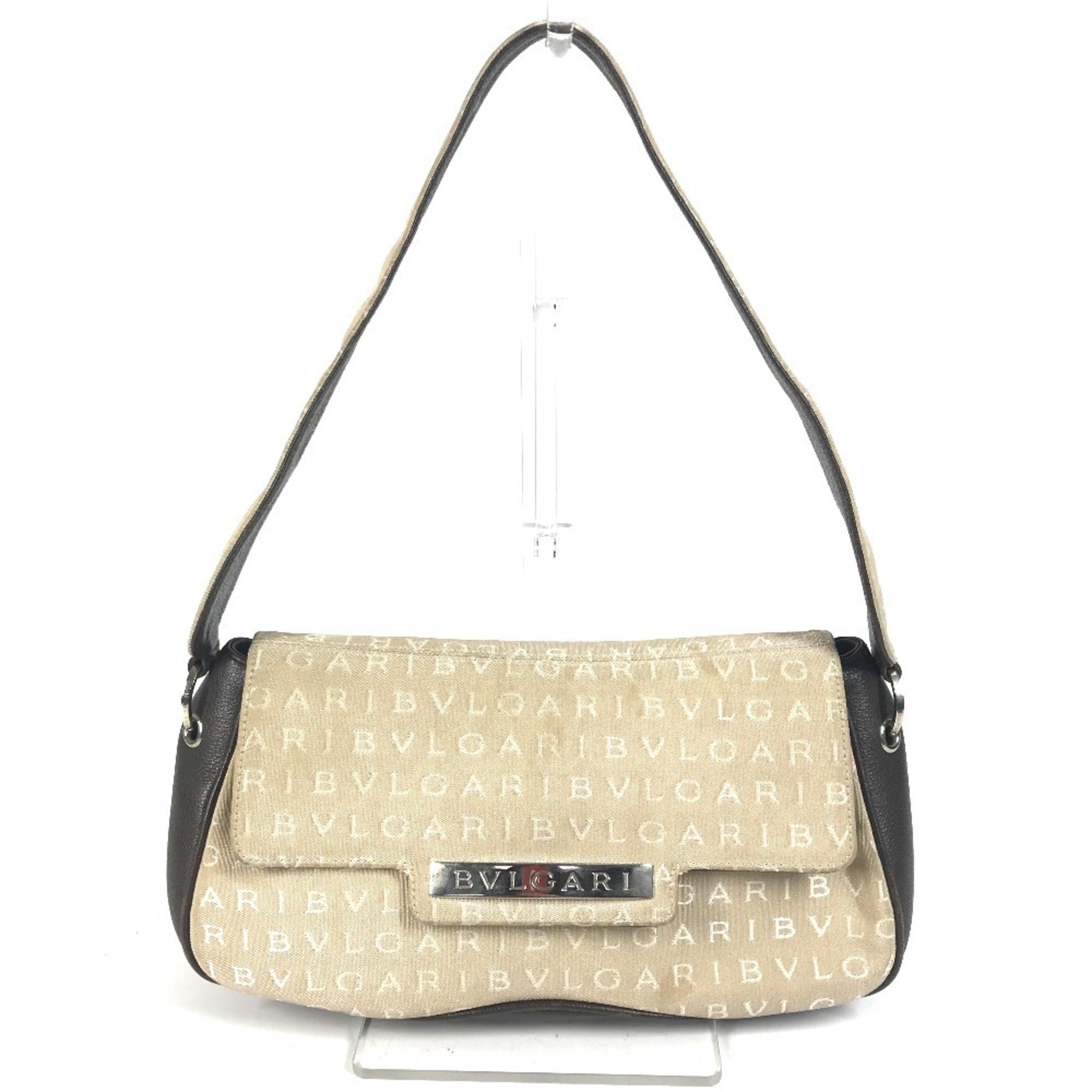 Bvlgari Logomania Beige Dark Brown Leather Canvas Handbag Shoulder Bag (Pre-Owned)