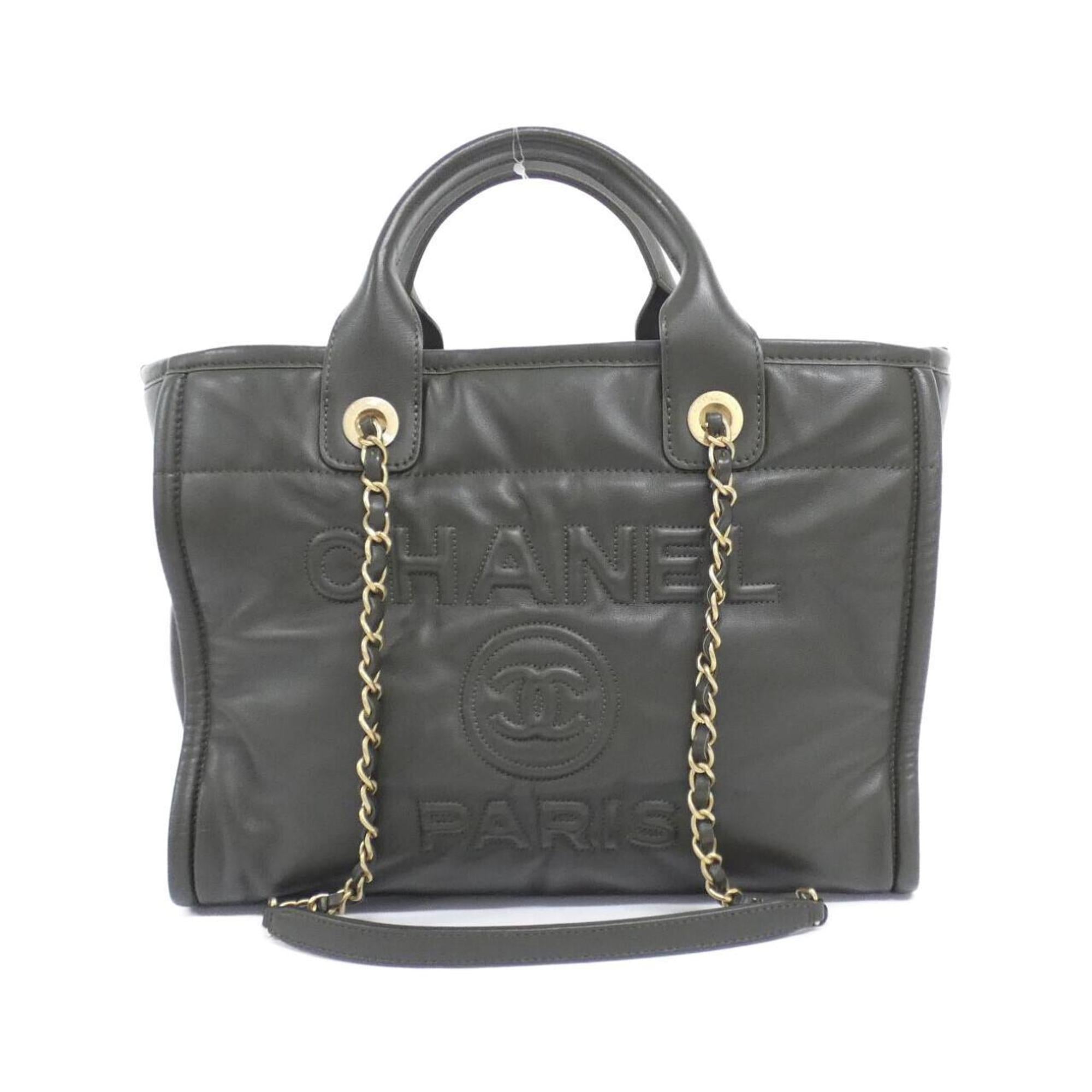 Chanel Deauville Khaki Leather Handbag (Pre-Owned)
