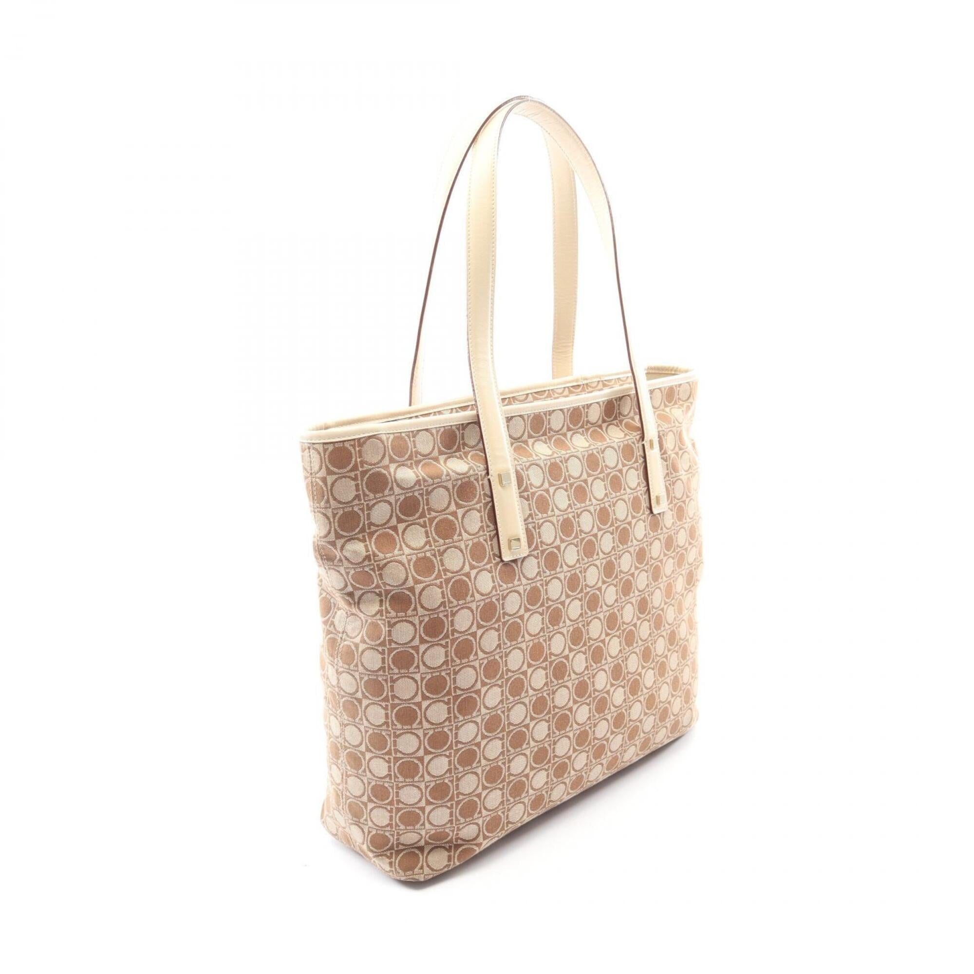 Salvatore Ferragamo Beige White Canvas Leather Handbag Tote Bag (Pre-Owned)