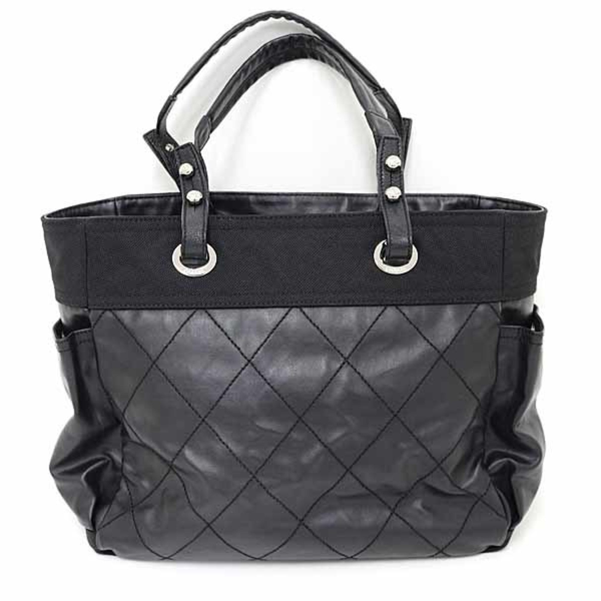 Chanel Paris Biarritz Black Coated Canvas Leather Shoulder Bag Tote Bag (Pre-Owned)
