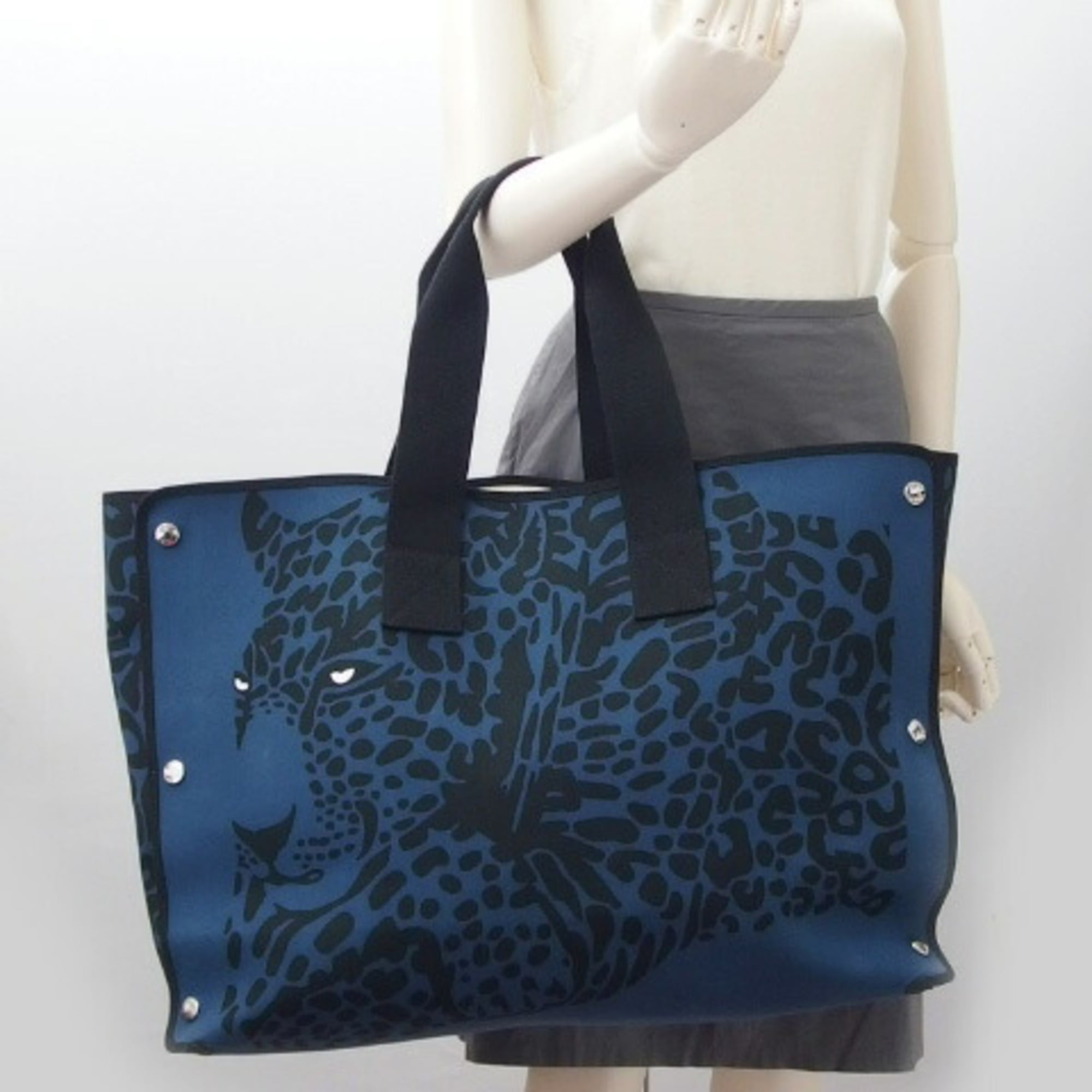 Hermes Black Blue Canvas Tote Bag (Pre-Owned)