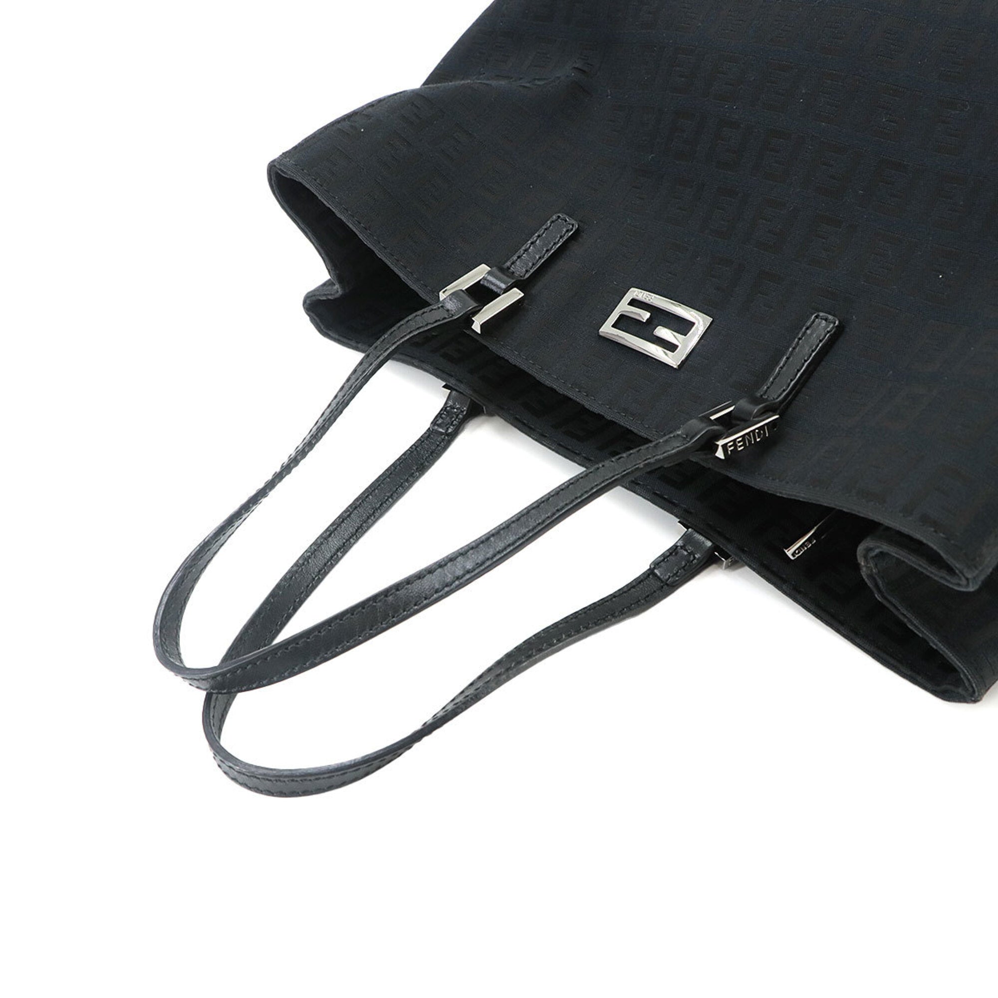 Fendi Zucchino Black Canvas Leather Handbag Tote Bag (Pre-Owned)