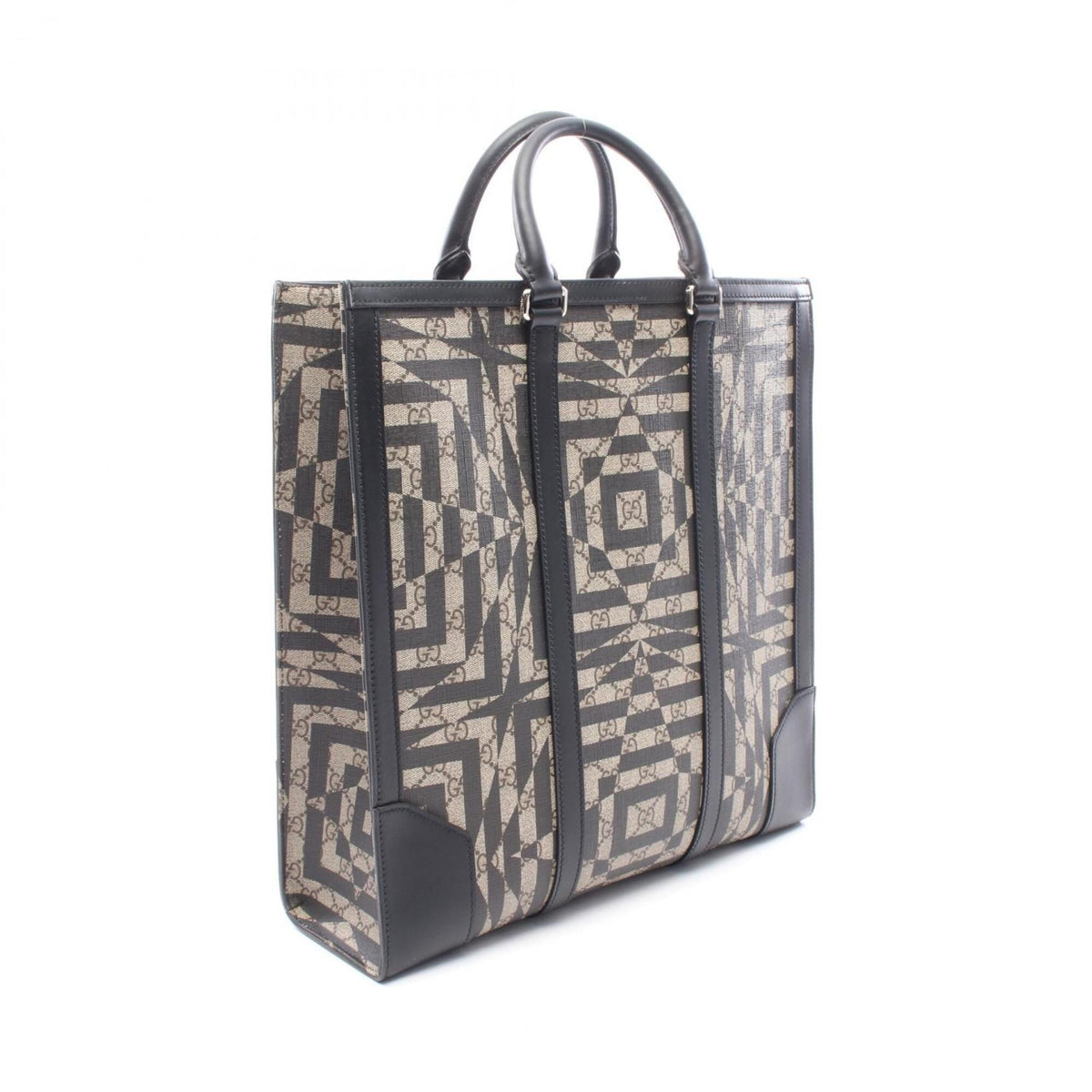 Gucci Beige Black Brown Coated Canvas Leather Handbag Tote Bag (Pre-Owned)