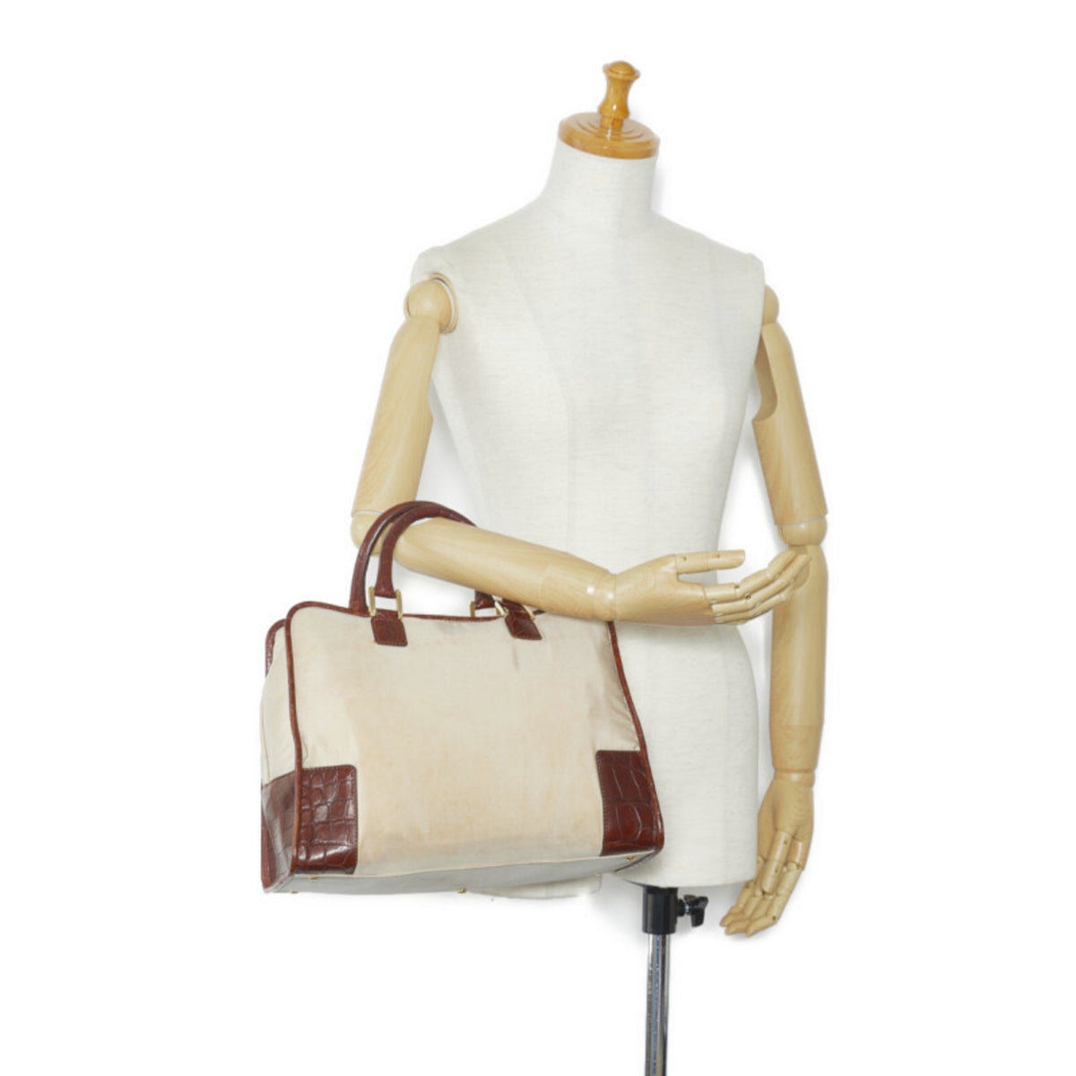 Loewe Beige Brown Nylon Leather Boston Bag Handbag (Pre-Owned)