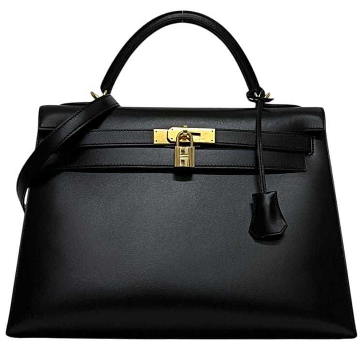 Hermes Kelly Black Box Calf Leather Handbag Shoulder Bag (Pre-Owned)