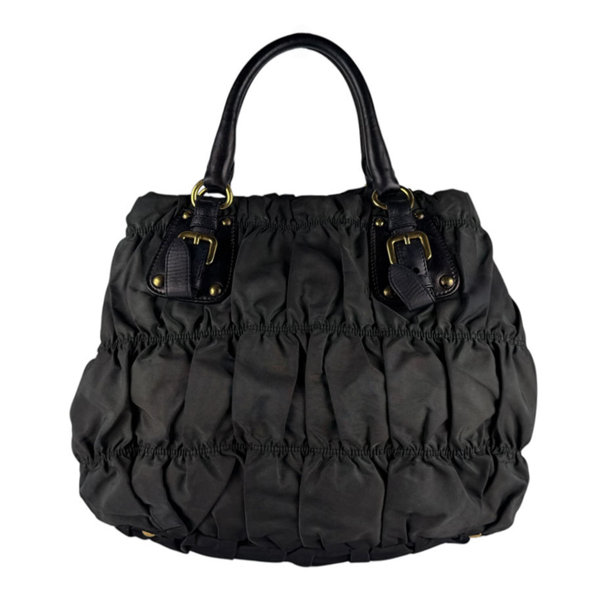Prada Black Green Nylon Leather Handbag Shoulder Bag (Pre-Owned)