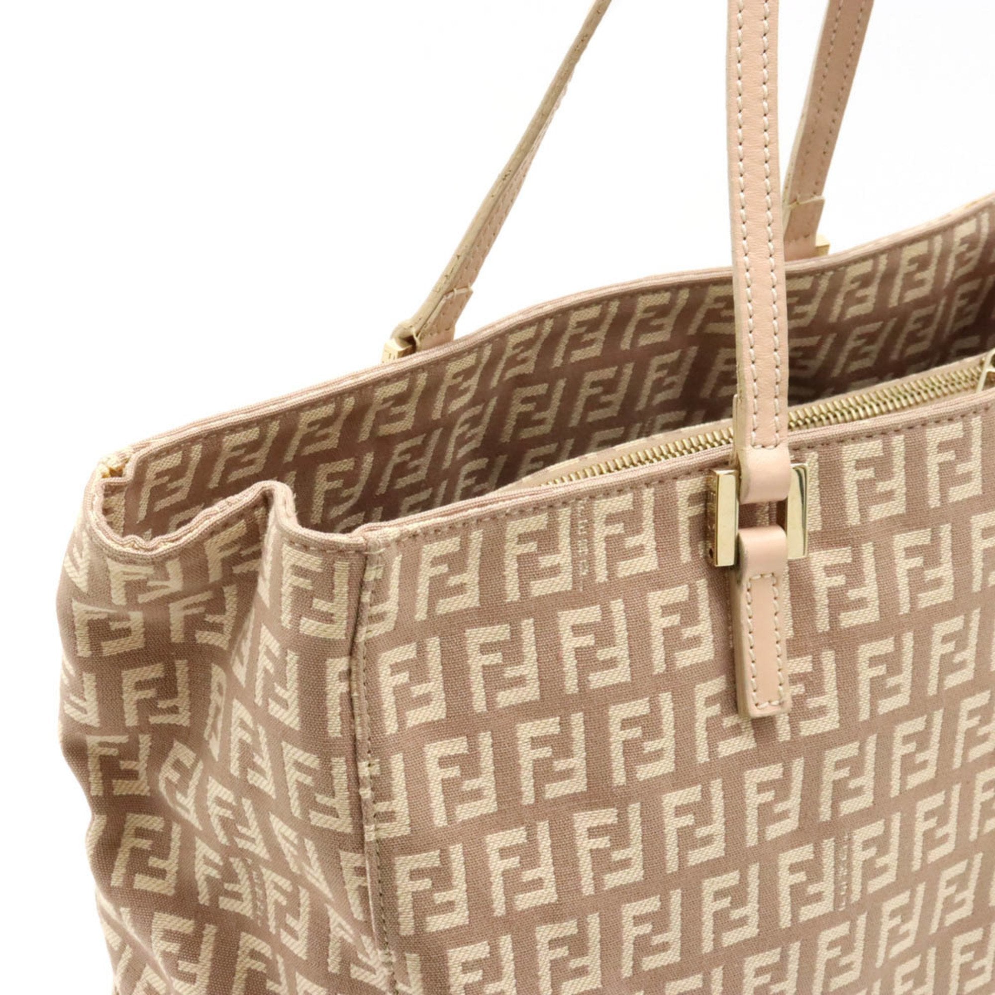 Fendi Zucchino Pink Beige Canvas Leather Handbag Tote Bag (Pre-Owned)